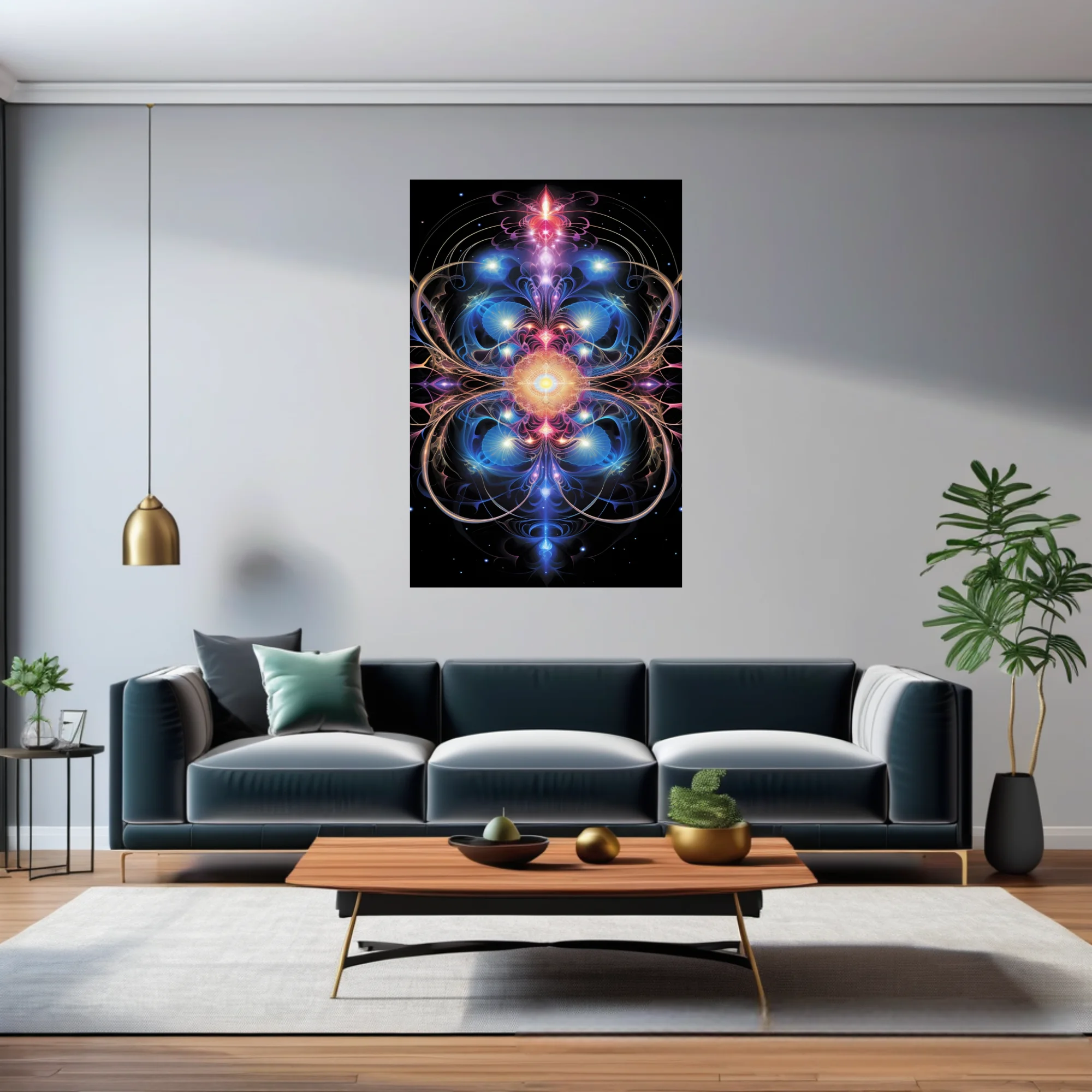 Fractal mandala sacred geometry art glowing blue pink gold on black