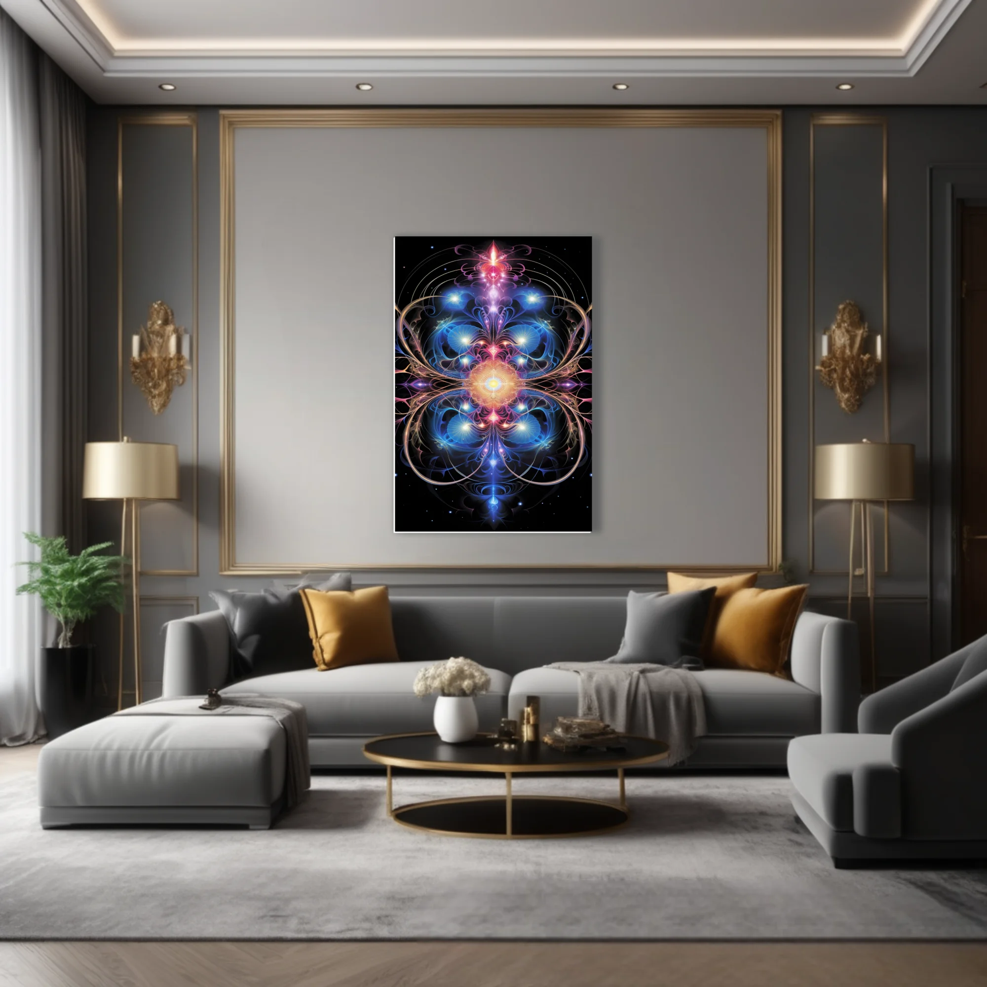 Fractal mandala sacred geometry art glowing blue pink gold on black