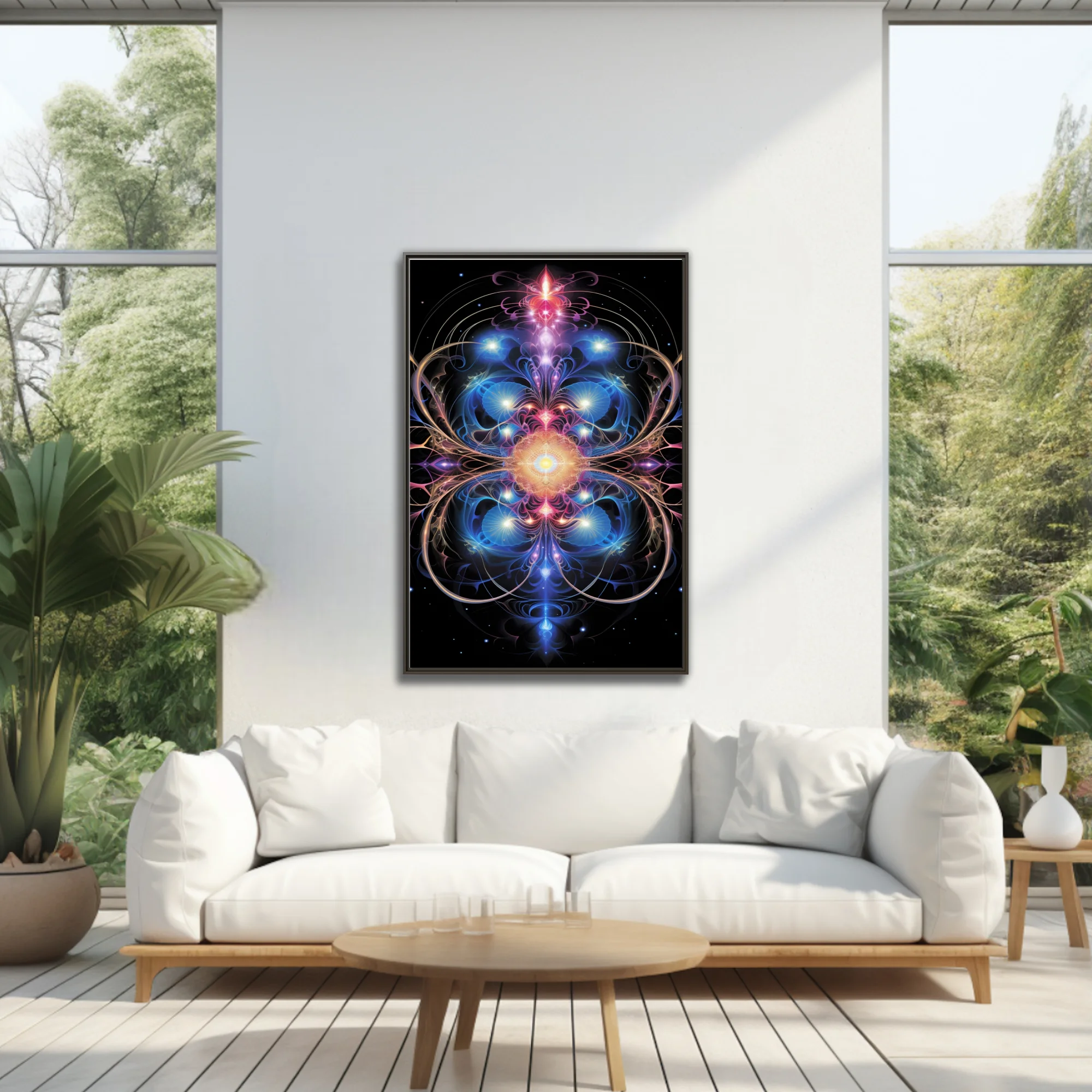 Fractal mandala sacred geometry art glowing blue pink gold on black
