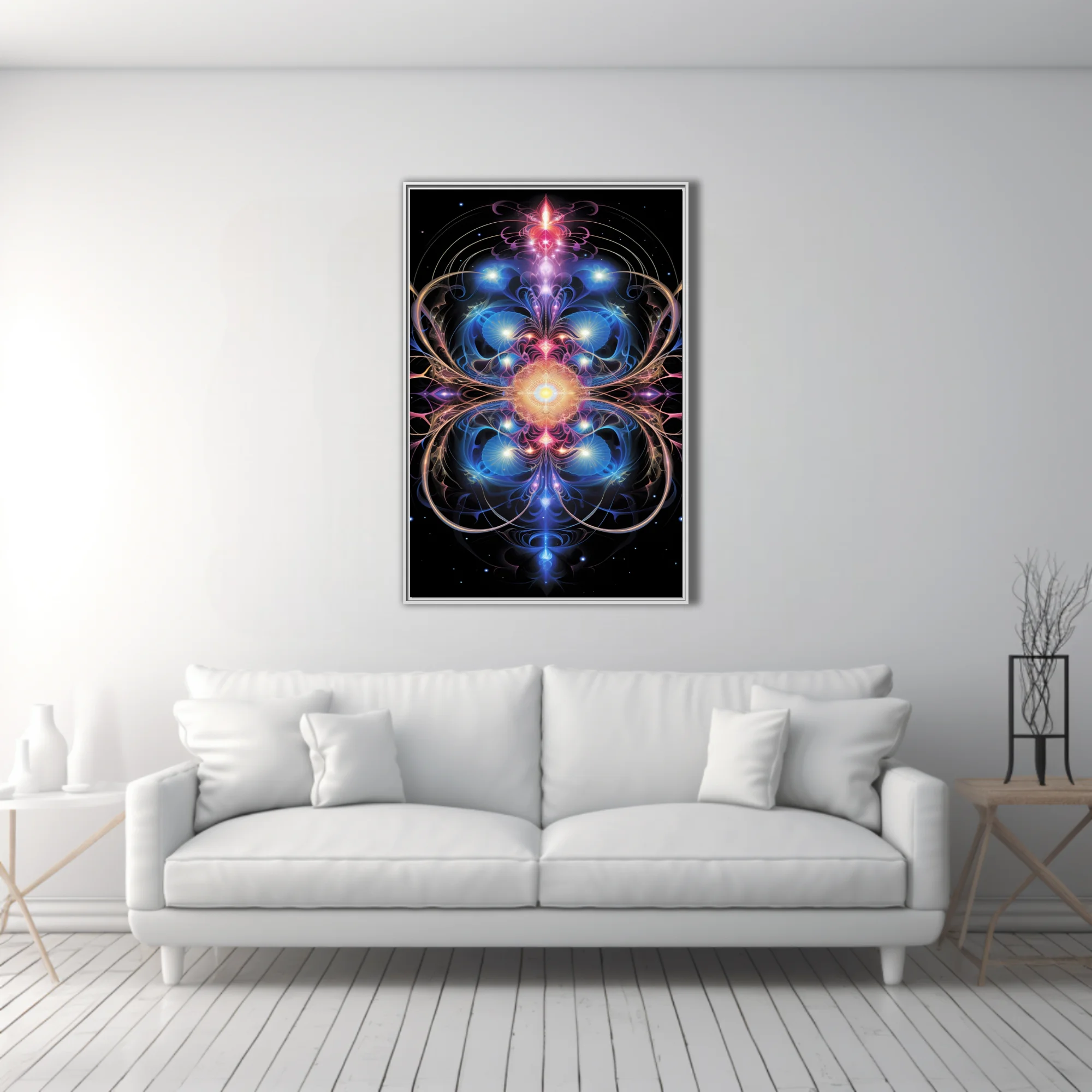 Fractal mandala sacred geometry art glowing blue pink gold on black