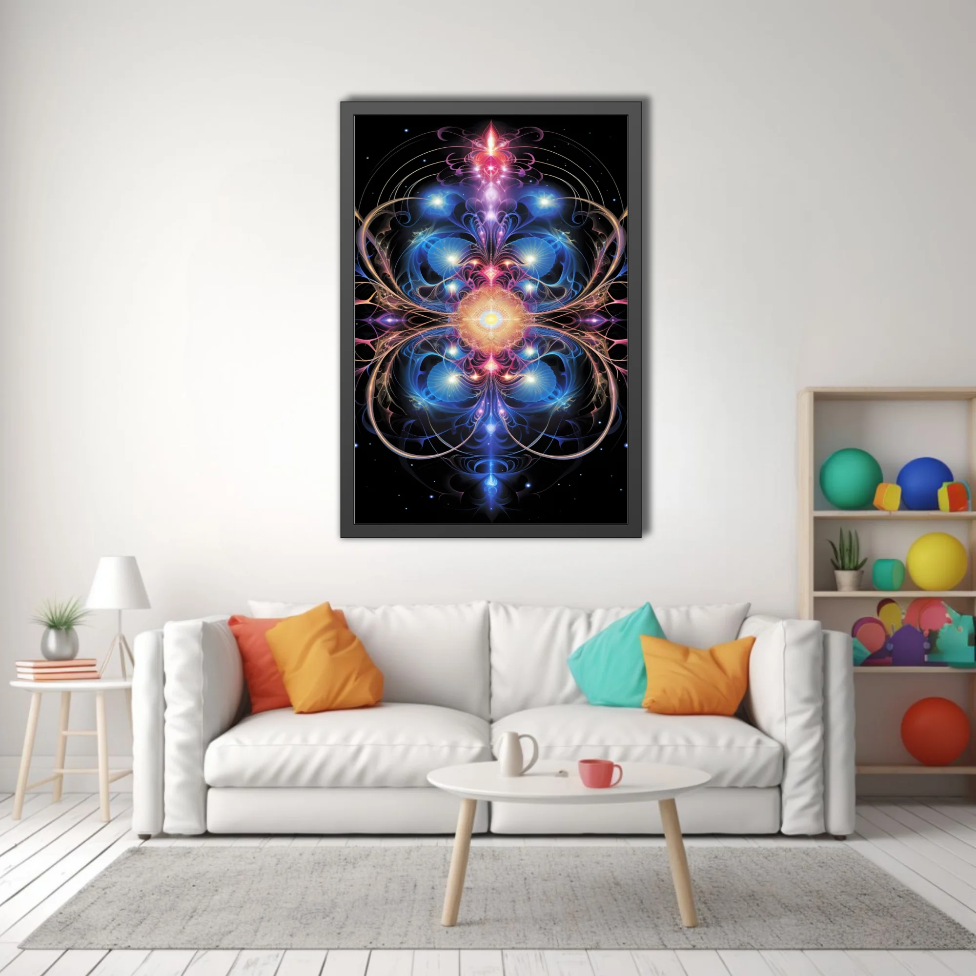 Fractal mandala sacred geometry art glowing blue pink gold on black