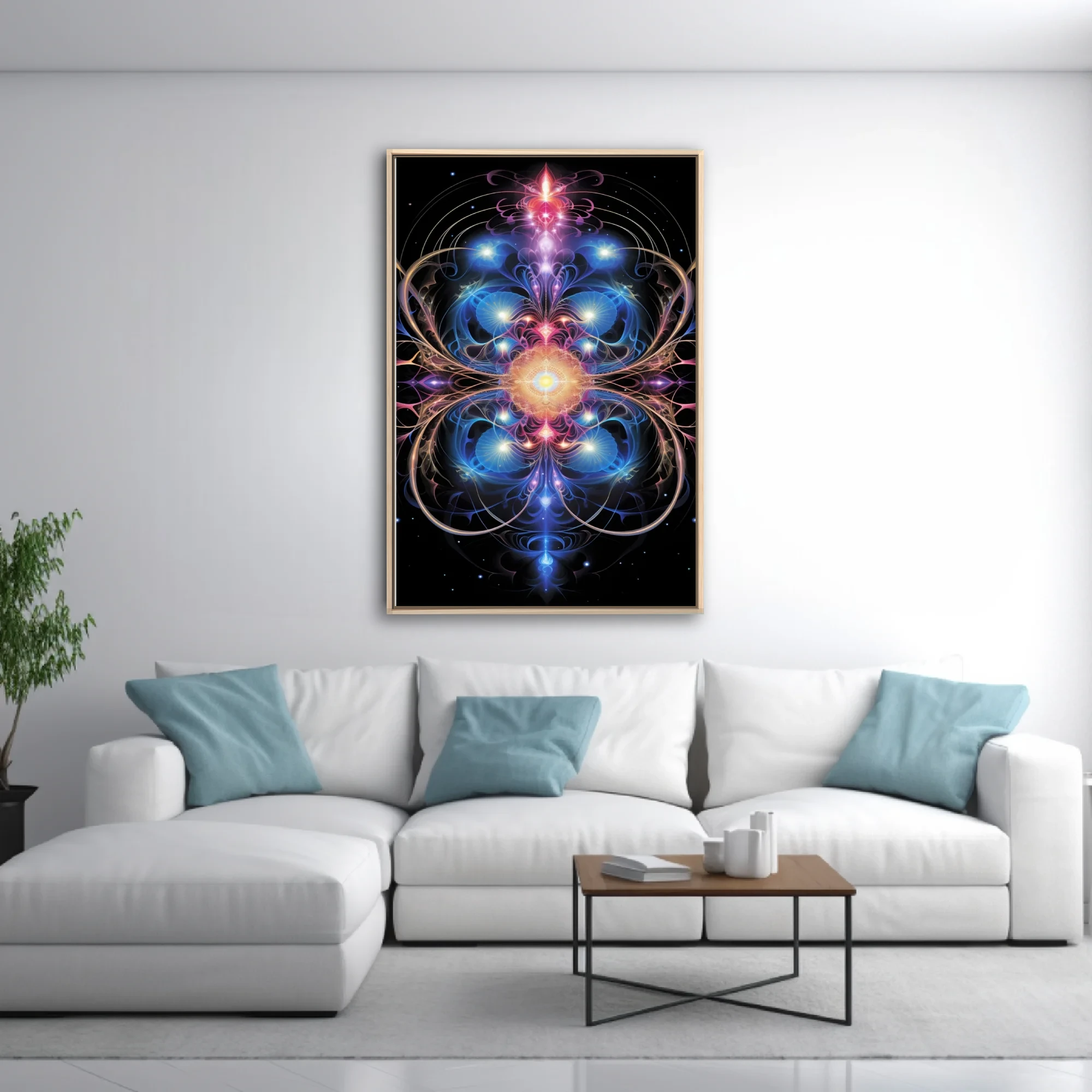 Fractal mandala sacred geometry art glowing blue pink gold on black