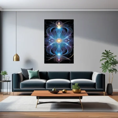 Fractal sacred geometry art glowing blue and gold energy lines on cosmic black background