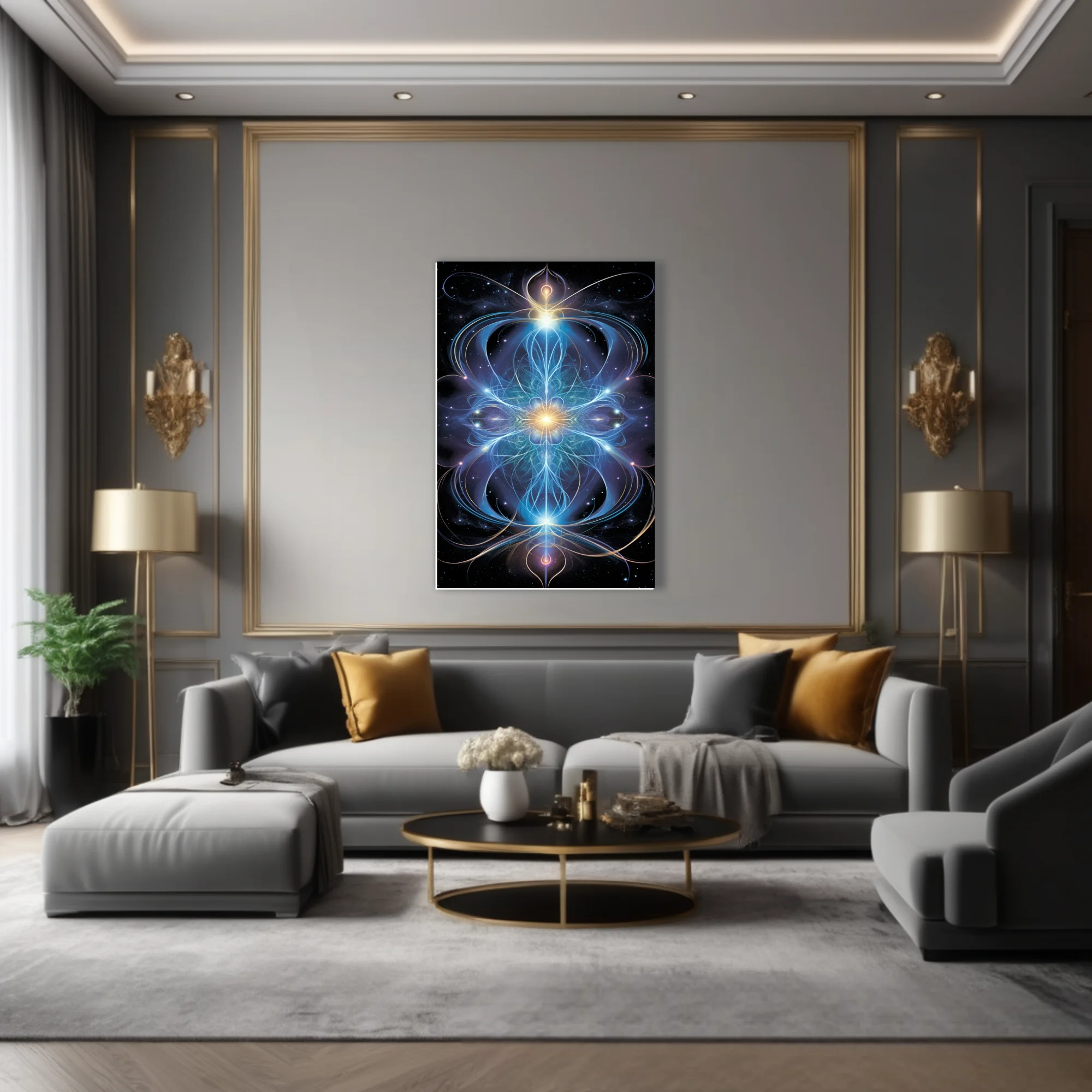 Fractal sacred geometry art glowing blue and gold energy lines on cosmic black background