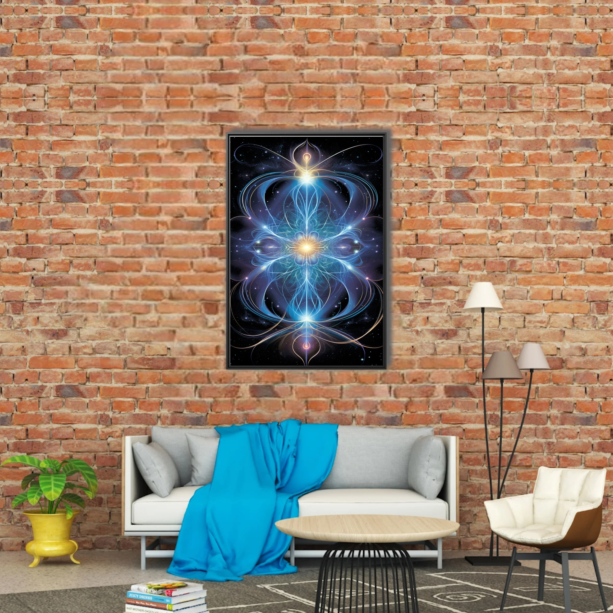 Fractal sacred geometry art glowing blue and gold energy lines on cosmic black background