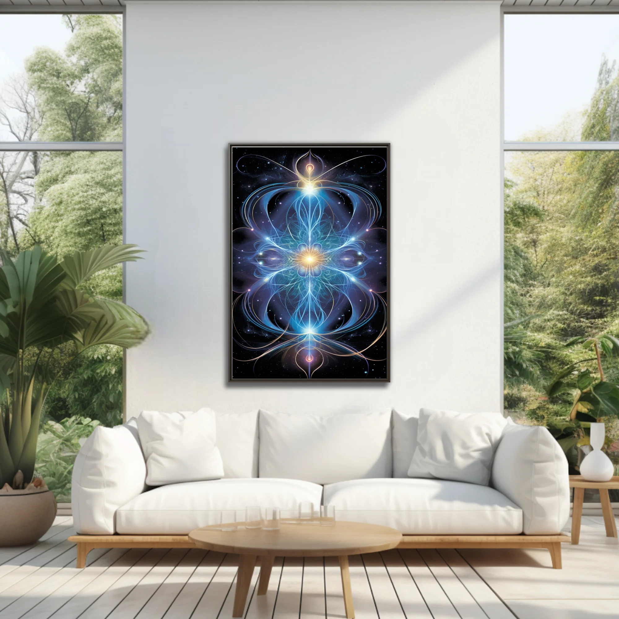Fractal sacred geometry art glowing blue and gold energy lines on cosmic black background