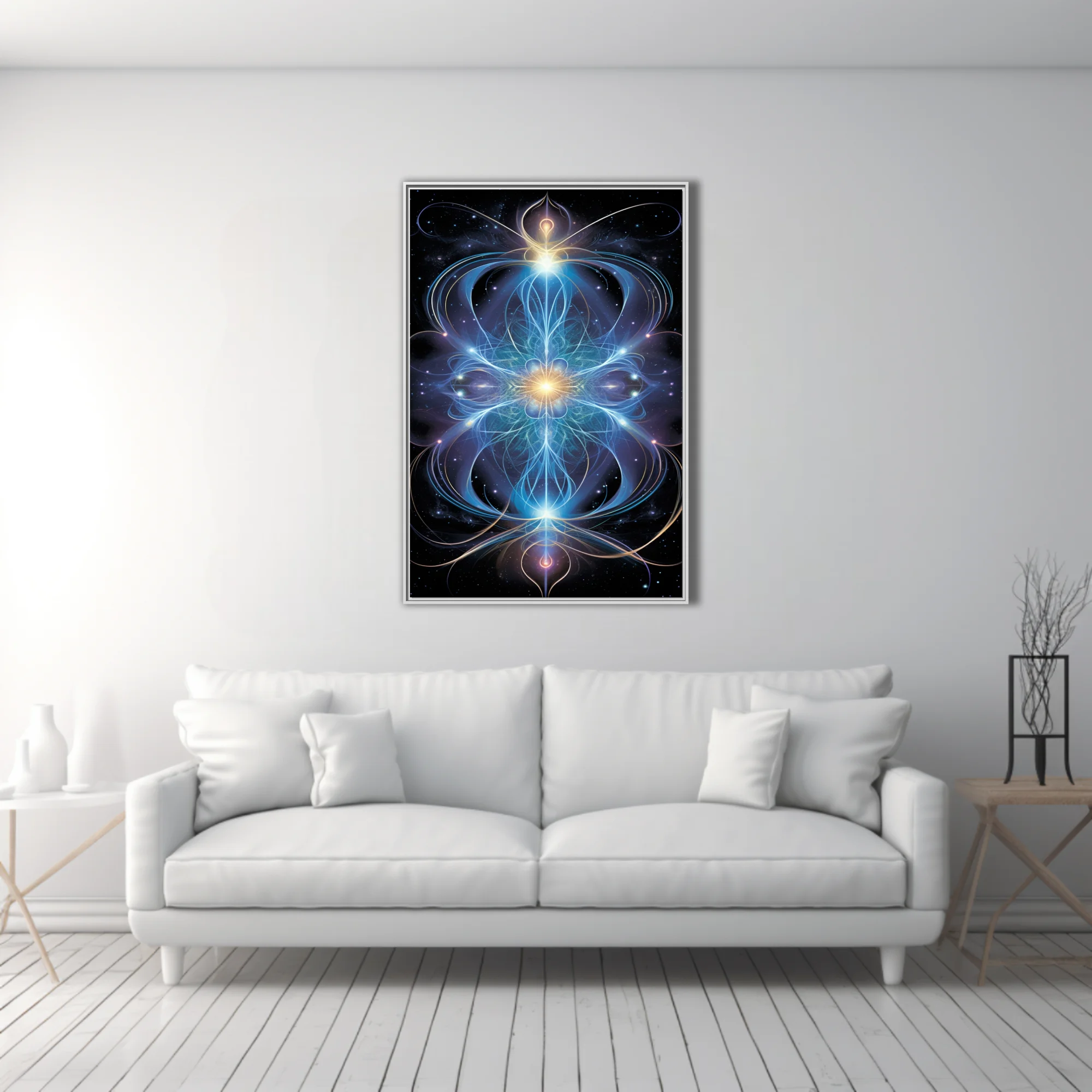 Fractal sacred geometry art glowing blue and gold energy lines on cosmic black background