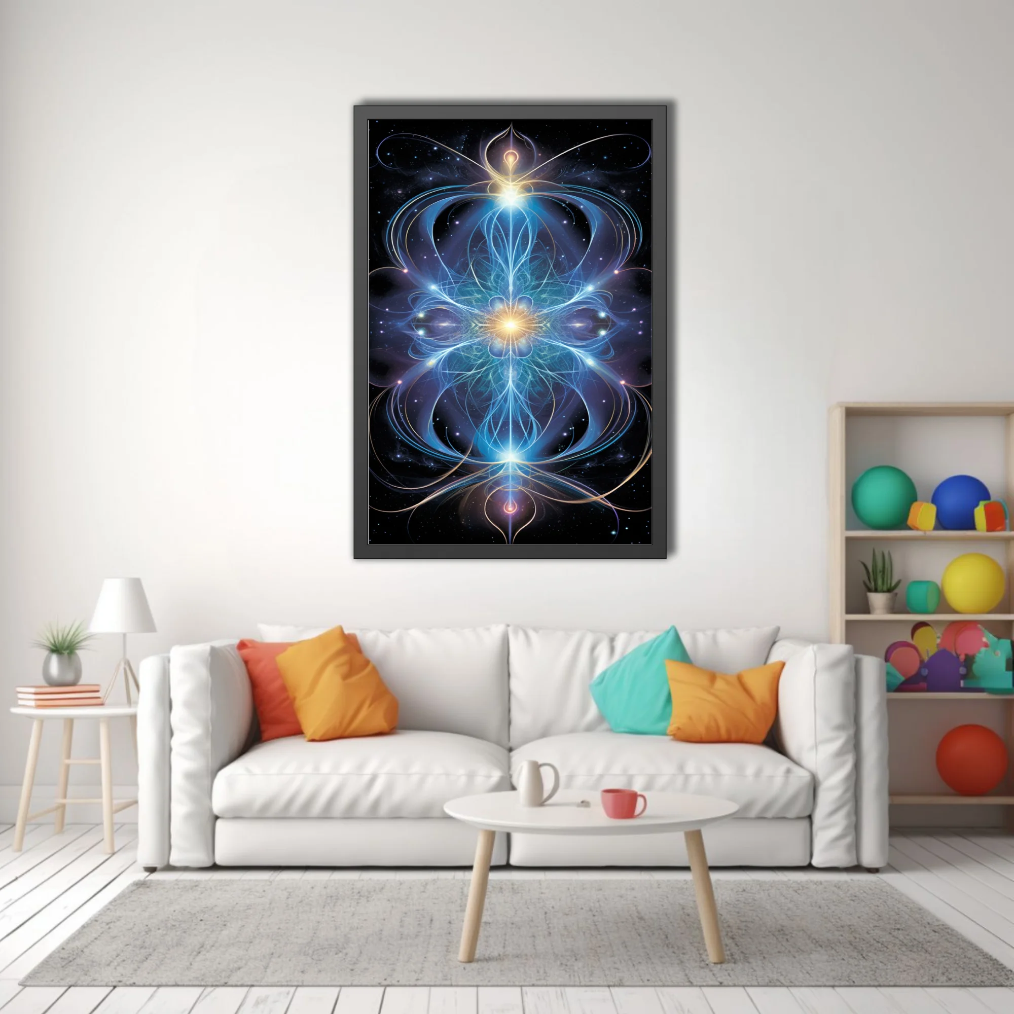 Fractal sacred geometry art glowing blue and gold energy lines on cosmic black background
