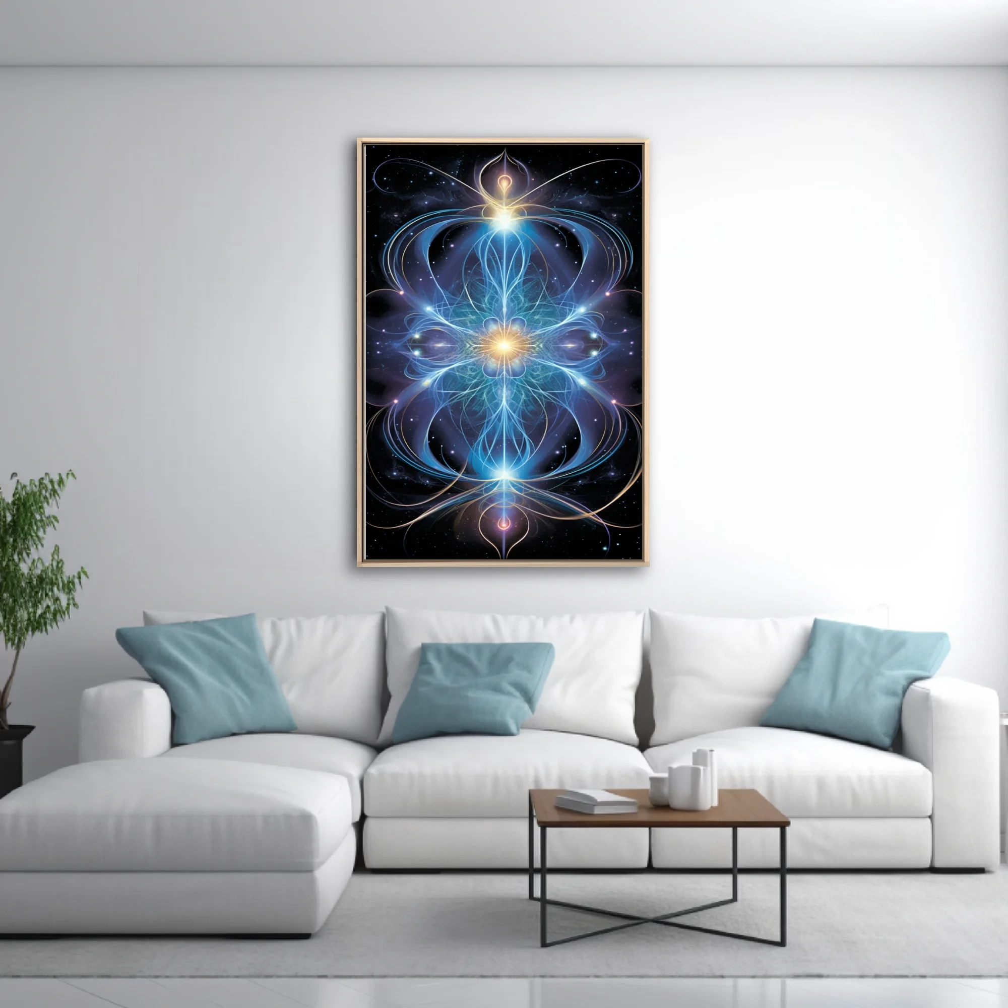 Fractal sacred geometry art glowing blue and gold energy lines on cosmic black background