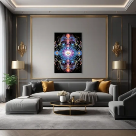 Fractal mandala abstract art glowing blue purple cosmic symmetrical neon