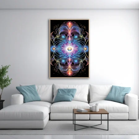 Fractal mandala abstract art glowing blue purple cosmic symmetrical neon