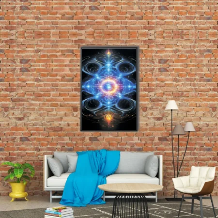 Fractal cosmic mandala with glowing blue energy fields and nebular core on black