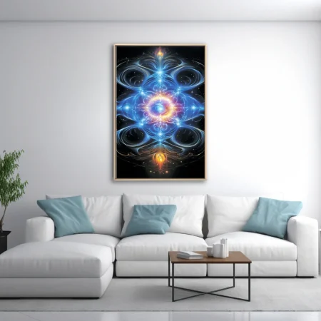 Fractal cosmic mandala with glowing blue energy fields and nebular core on black