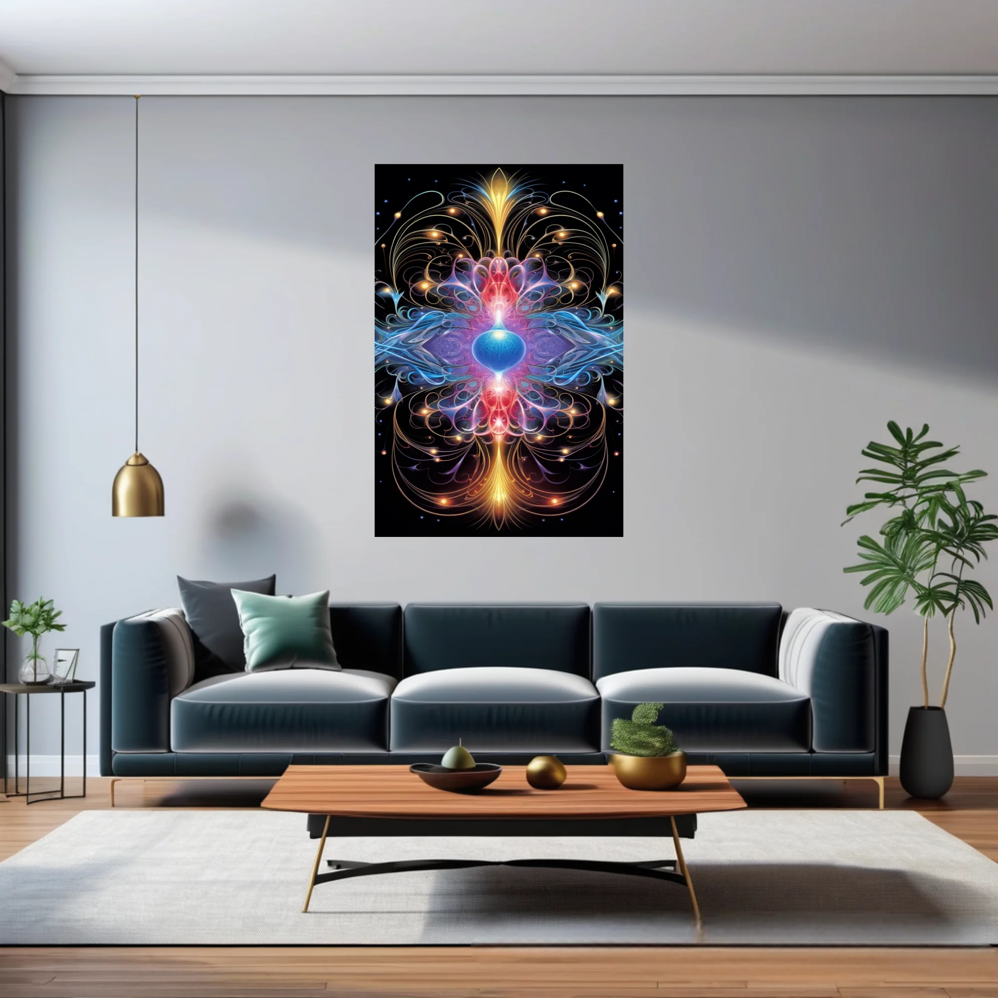 Fractal abstract mandala with glowing blue, red, and gold energy forms on black