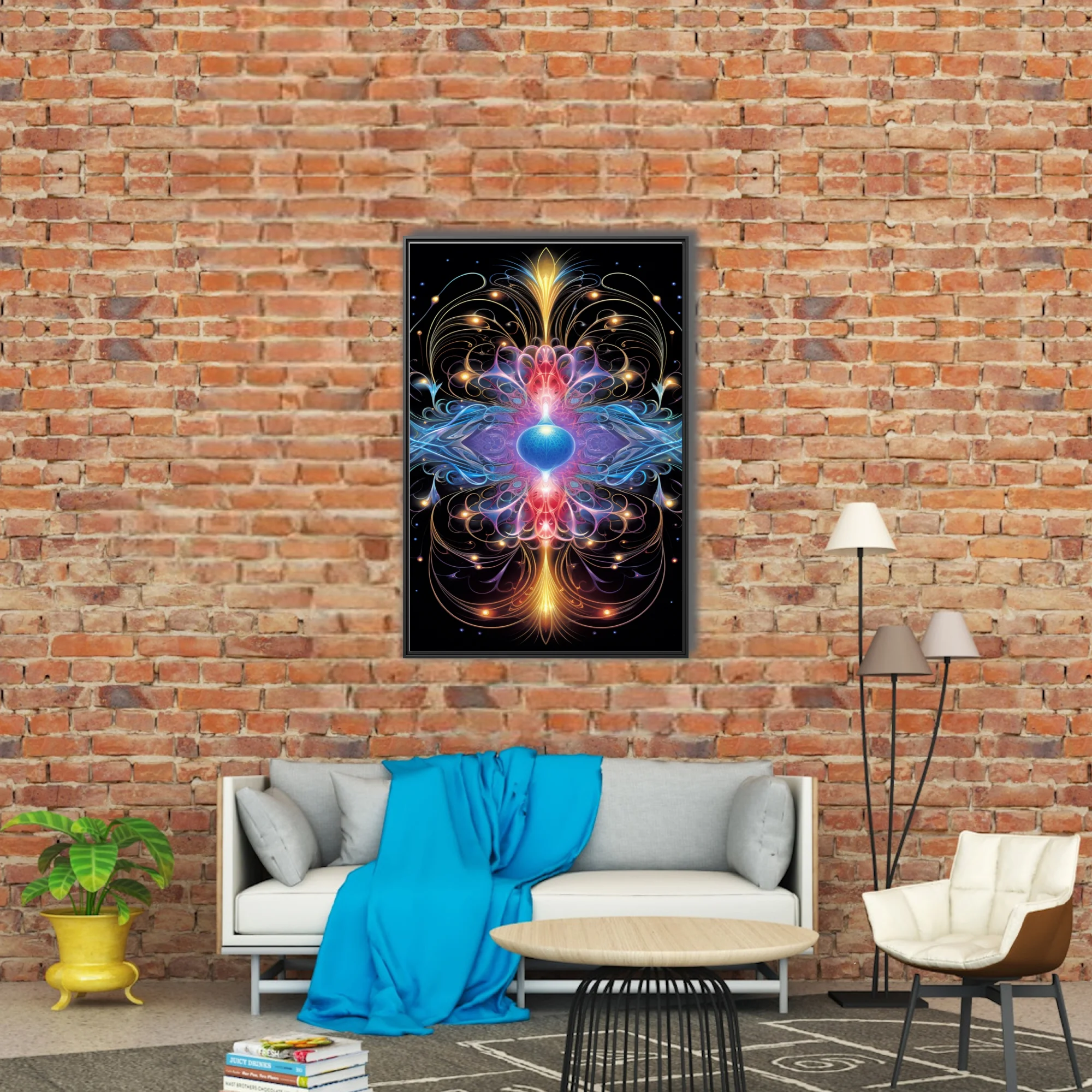 Fractal abstract mandala with glowing blue, red, and gold energy forms on black