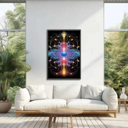 Fractal abstract mandala with glowing blue, red, and gold energy forms on black