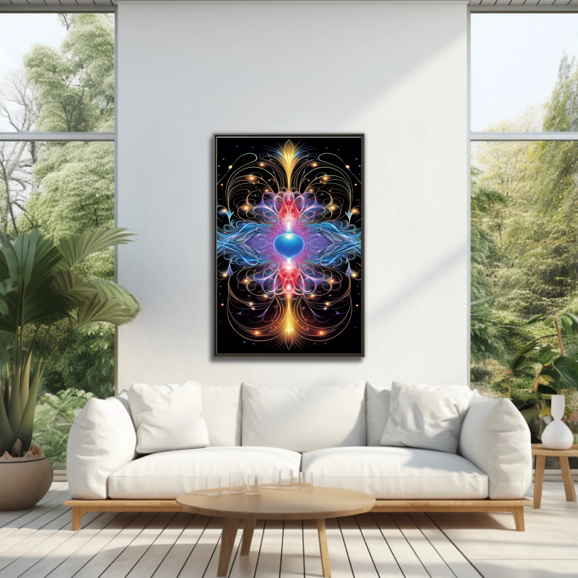 Fractal abstract mandala with glowing blue, red, and gold energy forms on black