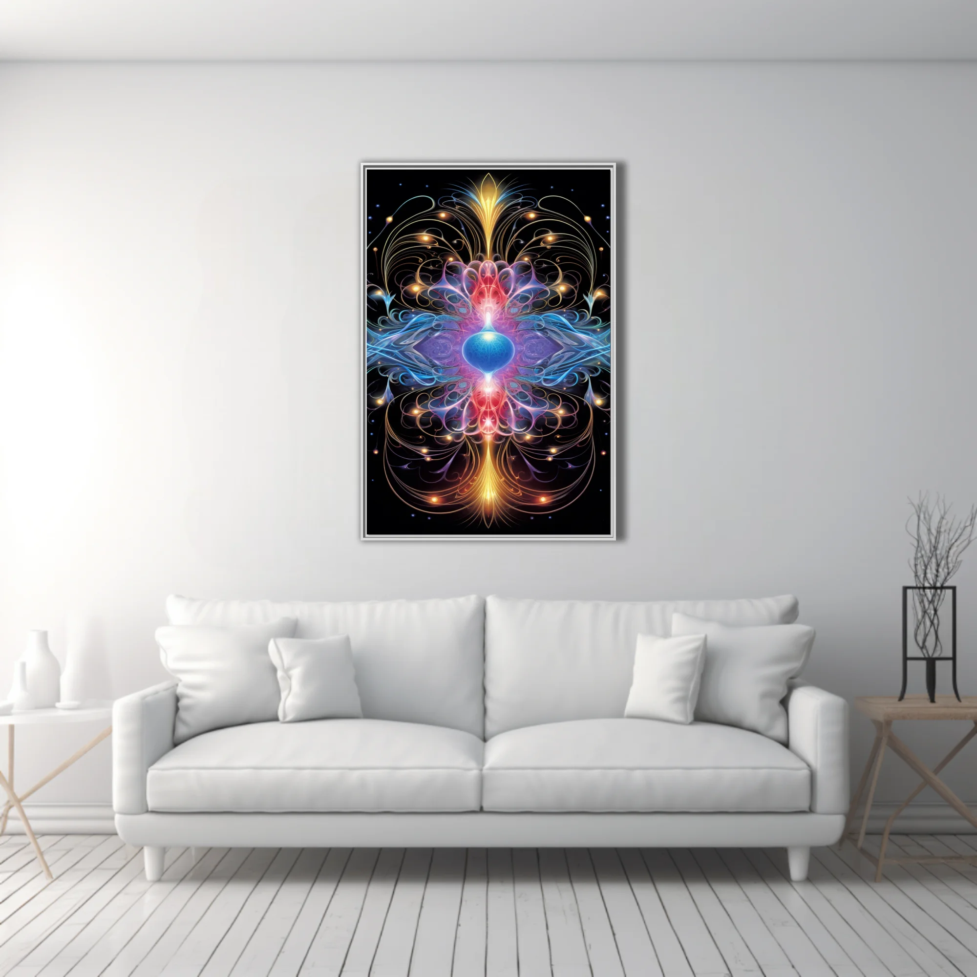 Fractal abstract mandala with glowing blue, red, and gold energy forms on black