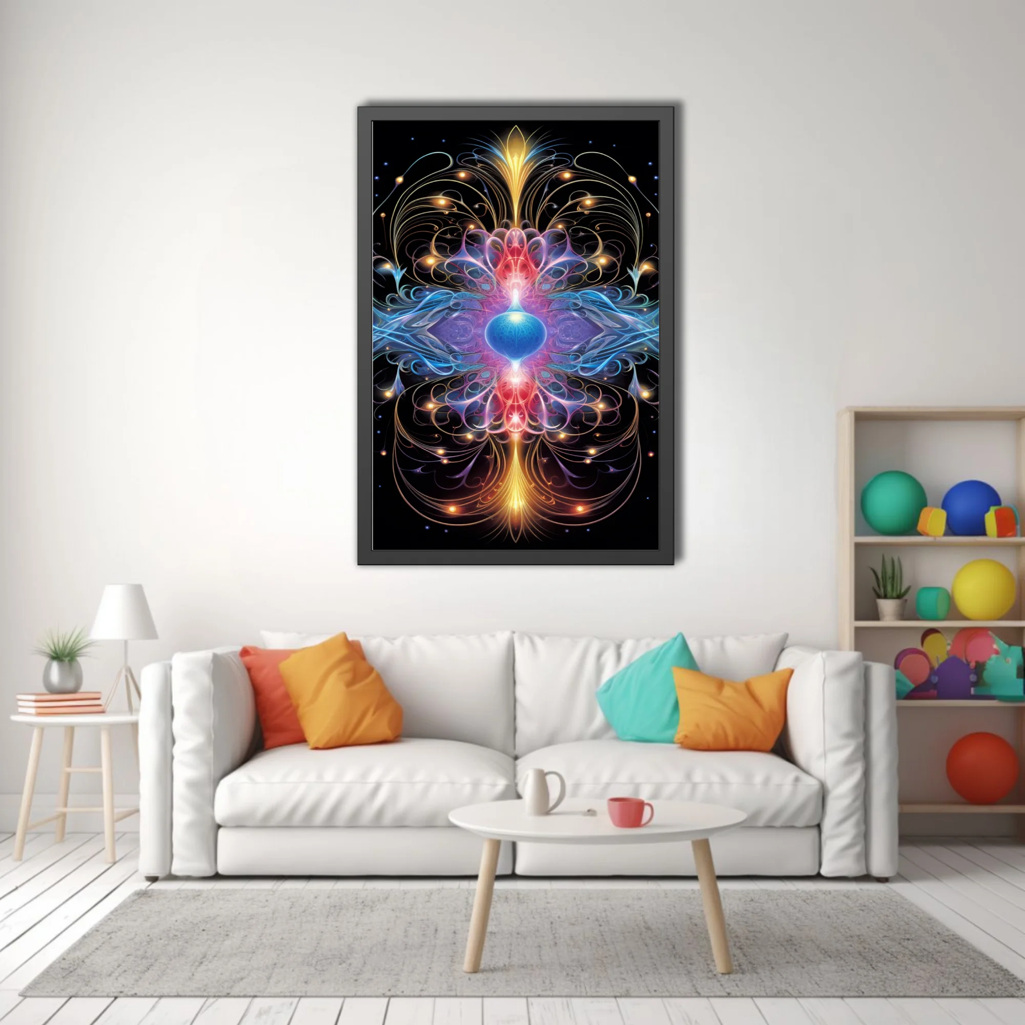 Fractal abstract mandala with glowing blue, red, and gold energy forms on black