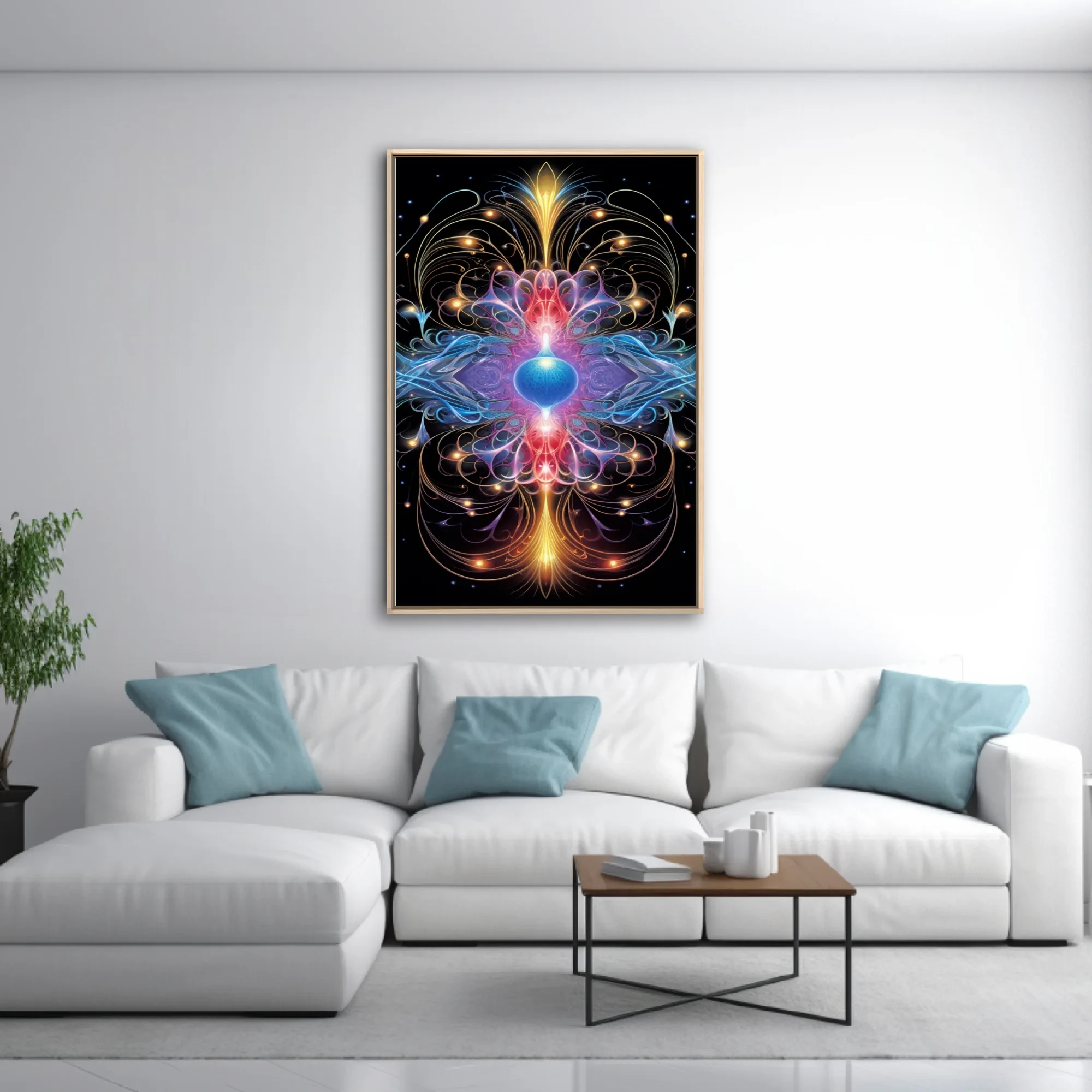 Fractal abstract mandala with glowing blue, red, and gold energy forms on black