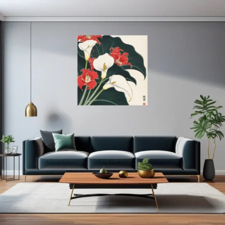 Japanese woodblock-style floral art, white calla lilies and red blooms on deep green