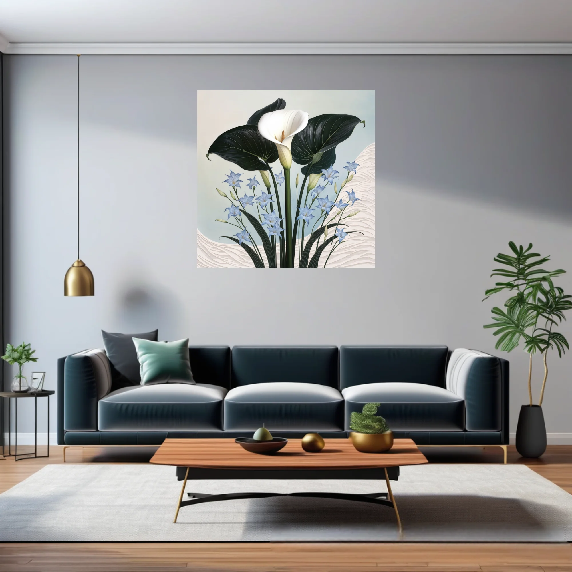 Botanical illustration calla lily with dark leaves and blue accent flowers, ivory and periwinkle palette