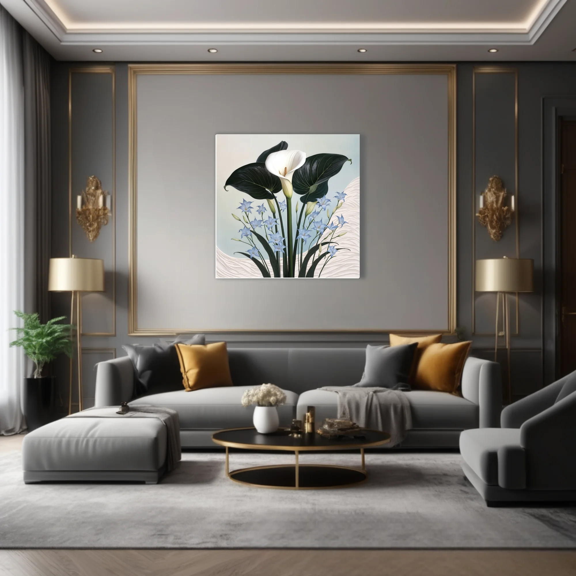 Botanical illustration calla lily with dark leaves and blue accent flowers, ivory and periwinkle palette