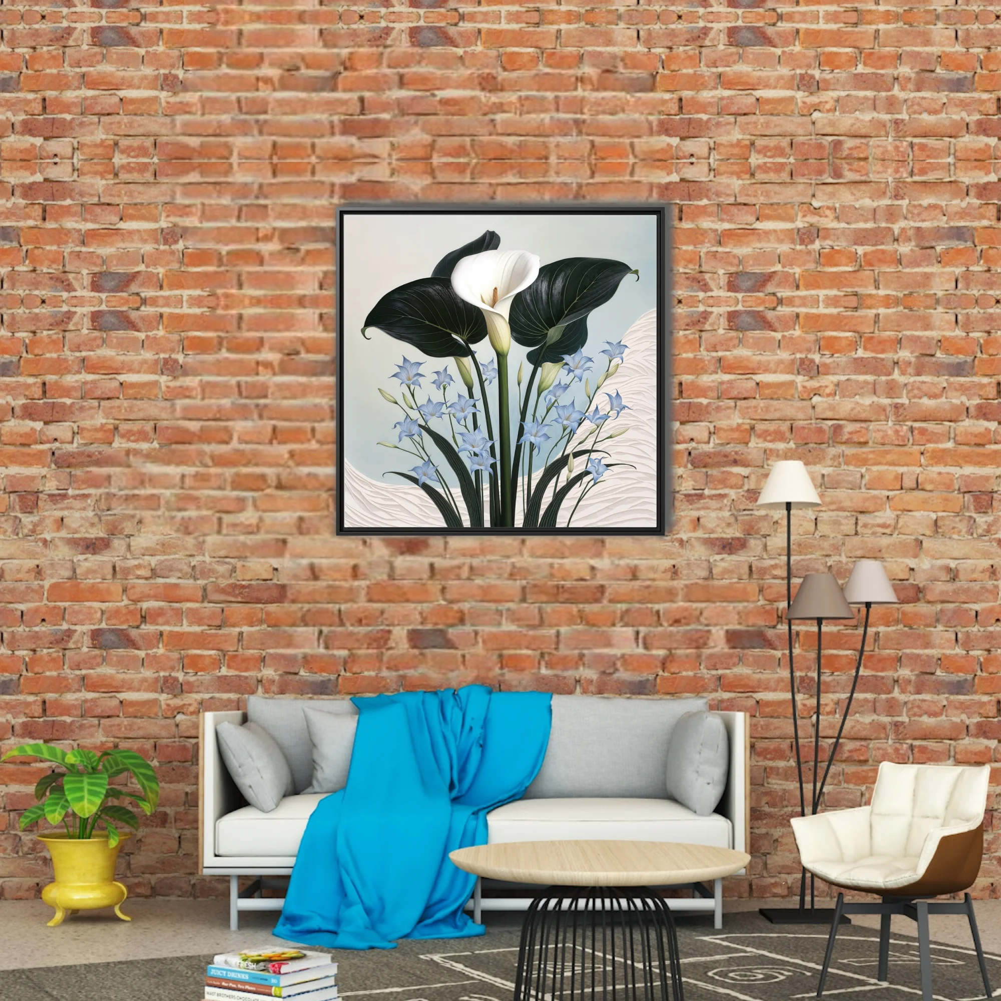 Botanical illustration calla lily with dark leaves and blue accent flowers, ivory and periwinkle palette