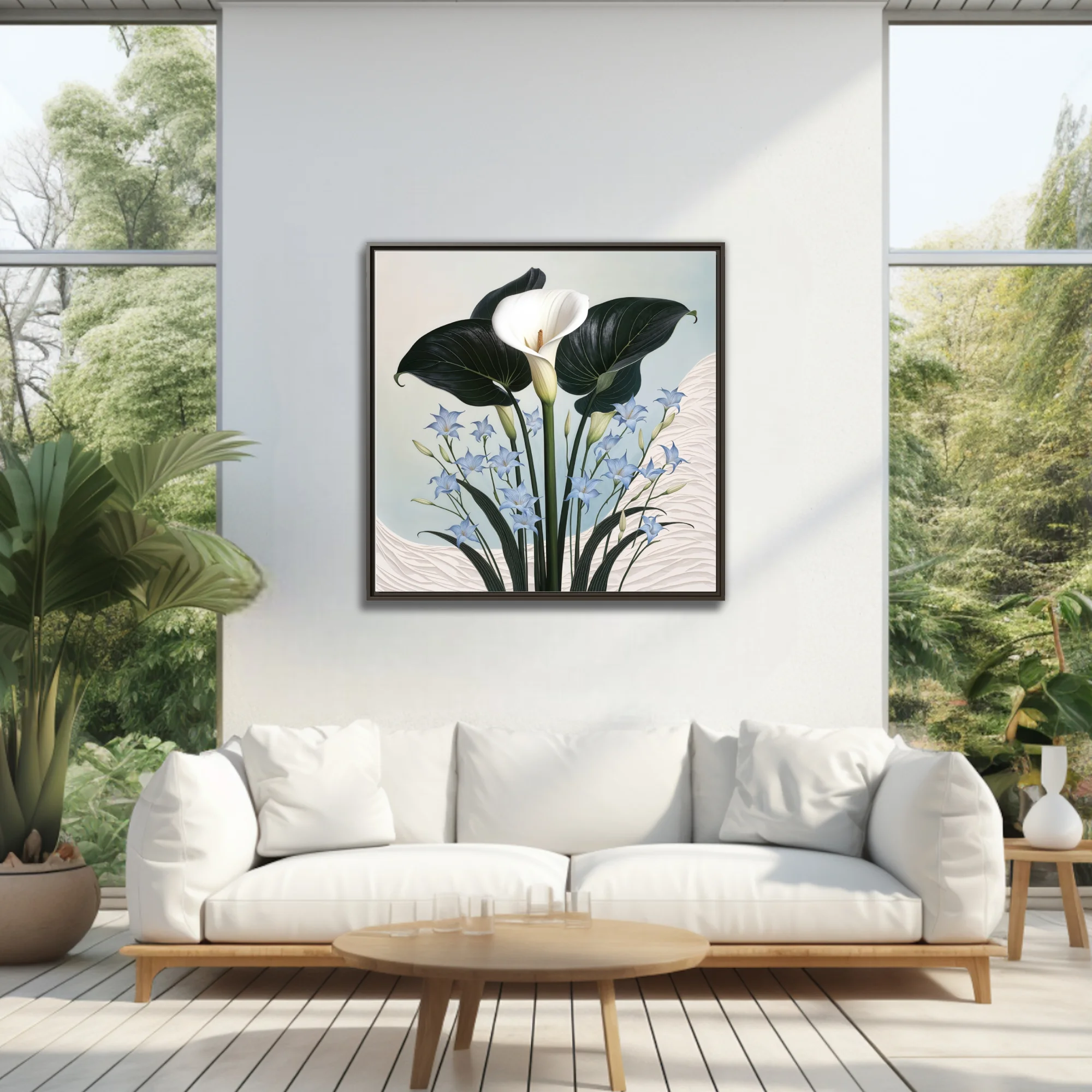 Botanical illustration calla lily with dark leaves and blue accent flowers, ivory and periwinkle palette