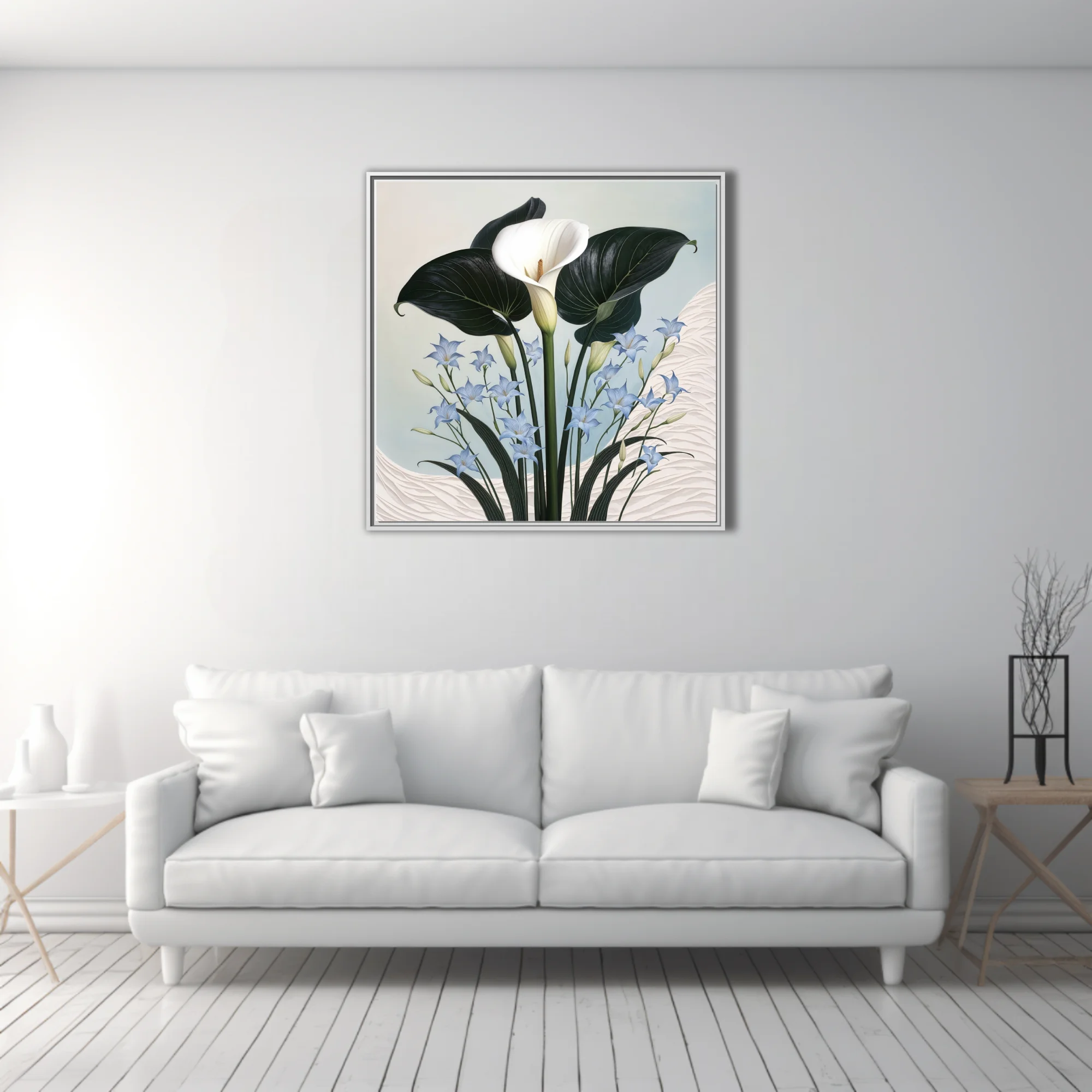 Botanical illustration calla lily with dark leaves and blue accent flowers, ivory and periwinkle palette