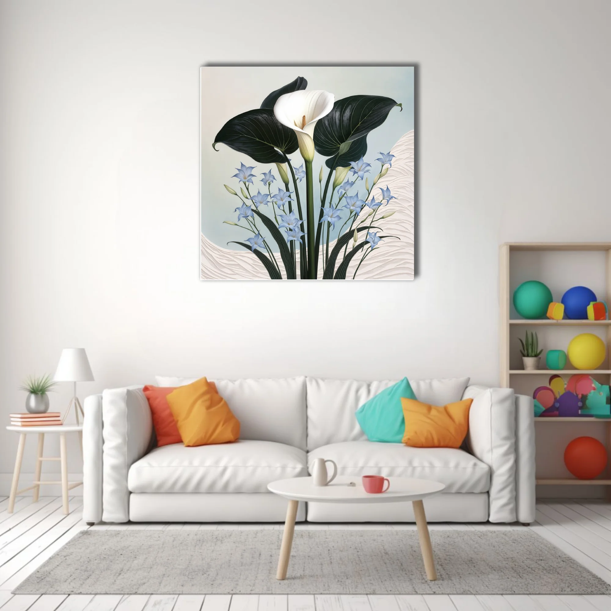Botanical illustration calla lily with dark leaves and blue accent flowers, ivory and periwinkle palette