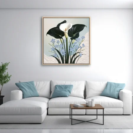 Botanical illustration calla lily with dark leaves and blue accent flowers, ivory and periwinkle palette