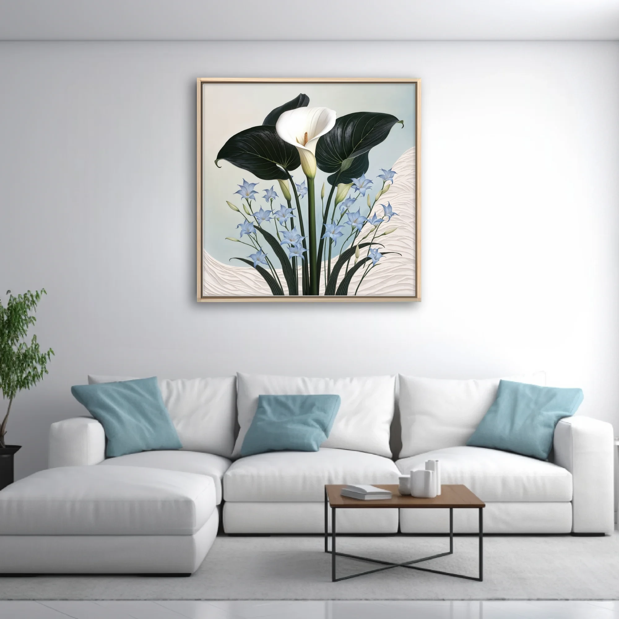 Botanical illustration calla lily with dark leaves and blue accent flowers, ivory and periwinkle palette