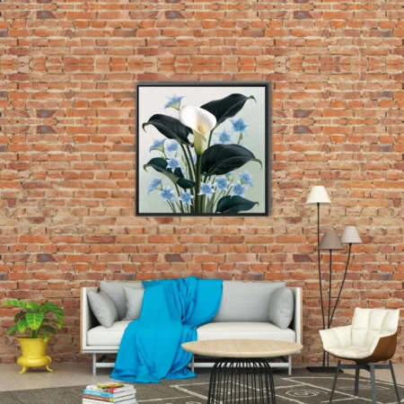 Botanical illustration white calla lily blue star flowers dark leaves wall art