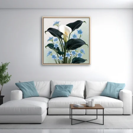 Botanical illustration white calla lily blue star flowers dark leaves wall art