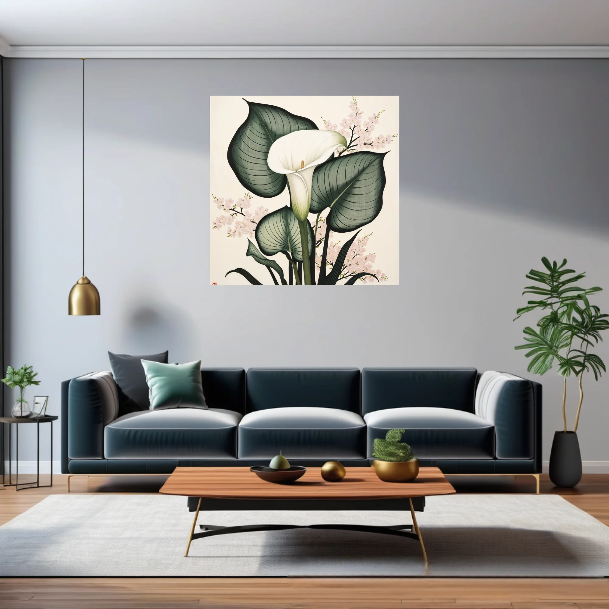 Japanese ink-style calla lily and cherry blossom botanical, sage green and blush