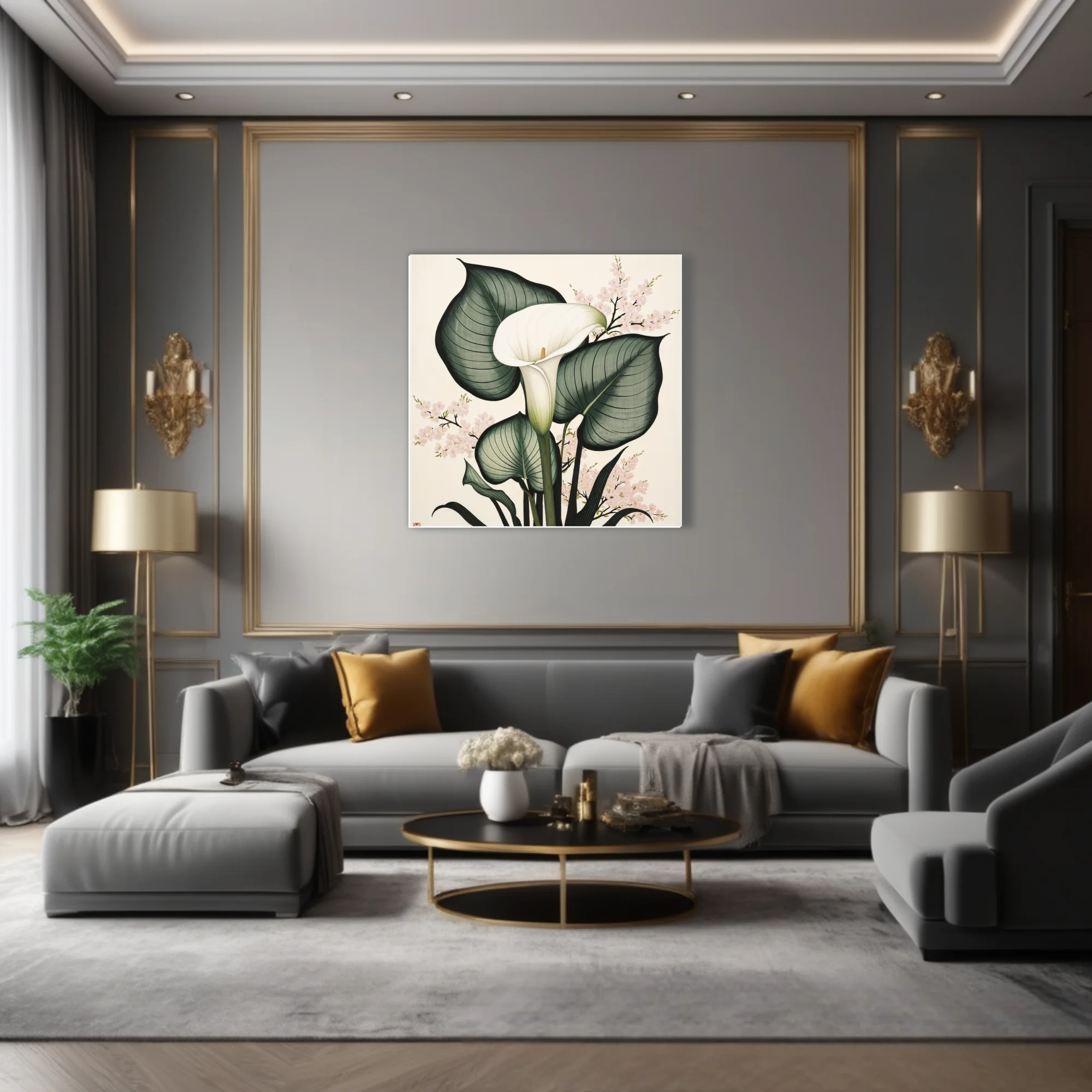 Japanese ink-style calla lily and cherry blossom botanical, sage green and blush