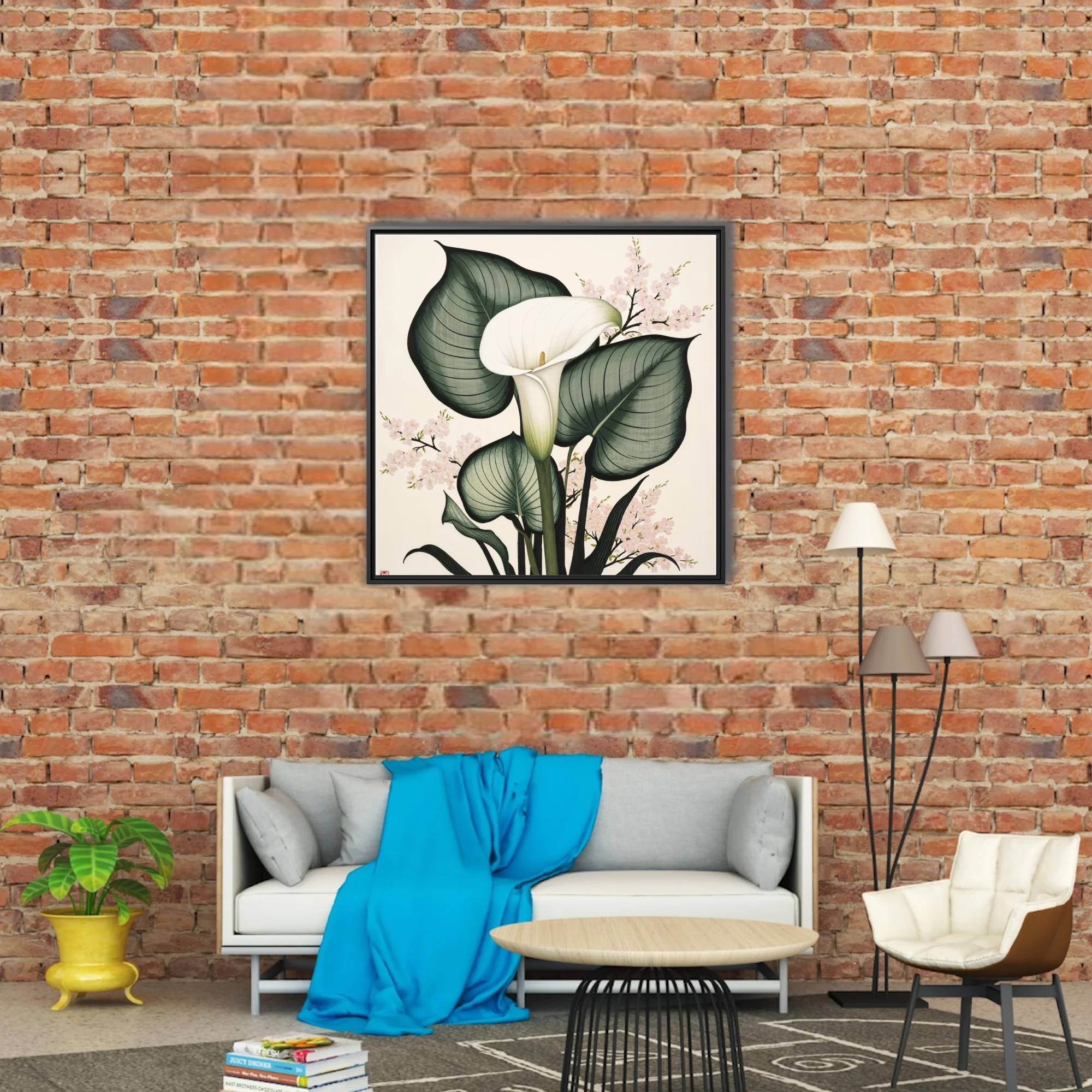 Japanese ink-style calla lily and cherry blossom botanical, sage green and blush