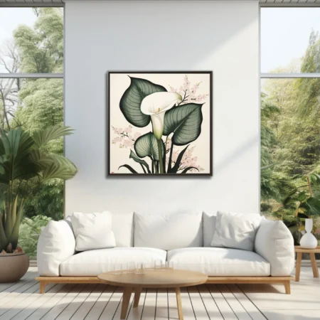 Japanese ink-style calla lily and cherry blossom botanical, sage green and blush
