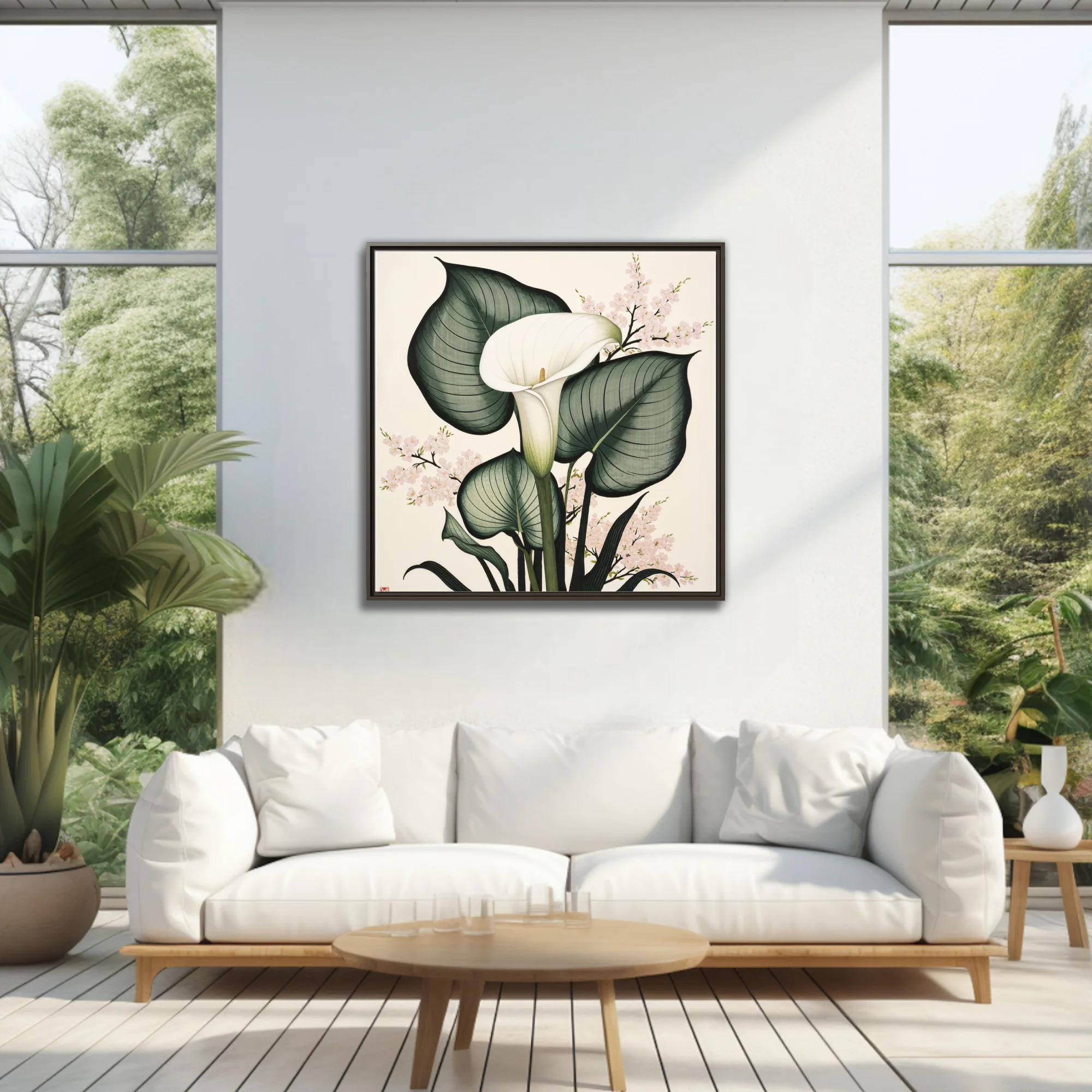 Japanese ink-style calla lily and cherry blossom botanical, sage green and blush