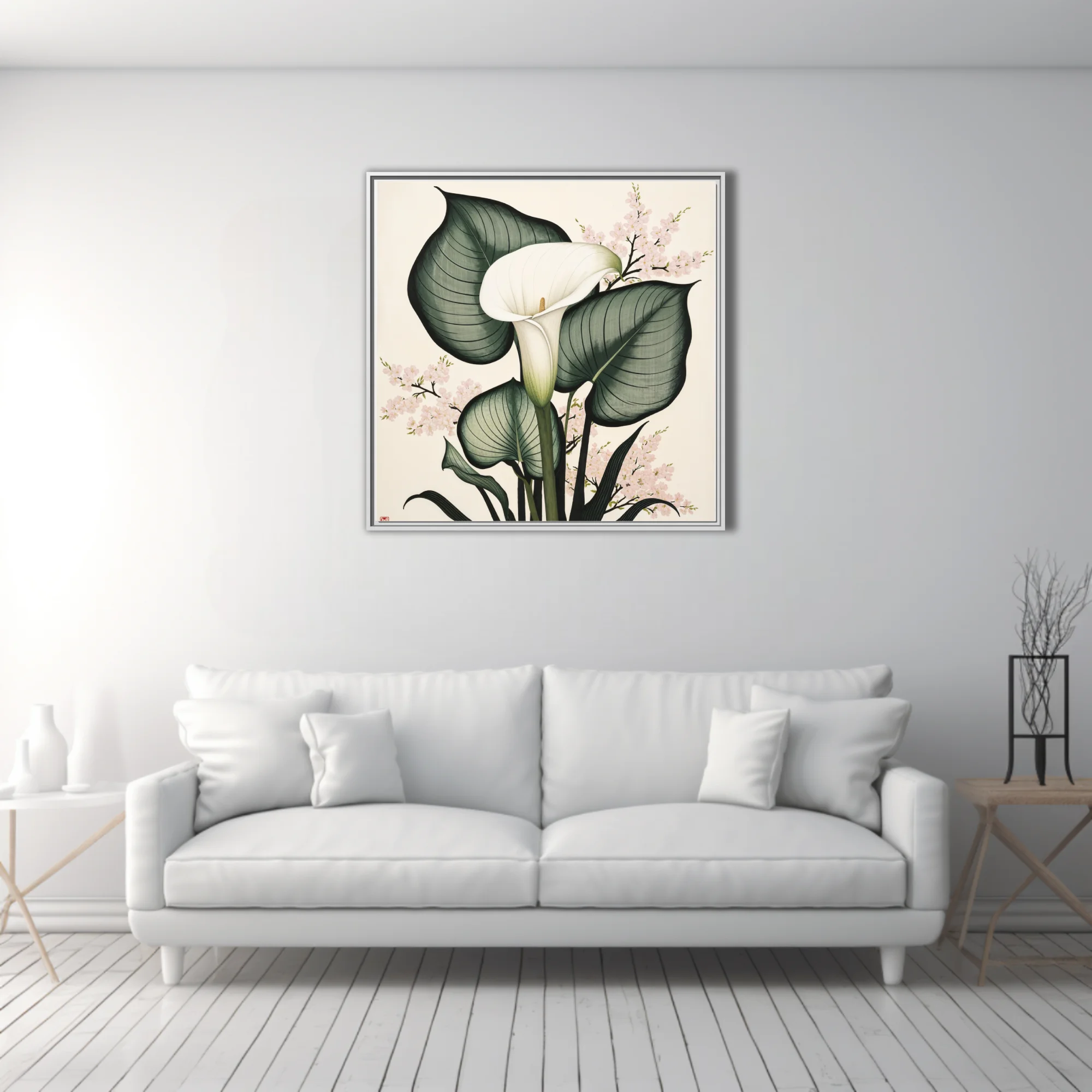 Japanese ink-style calla lily and cherry blossom botanical, sage green and blush