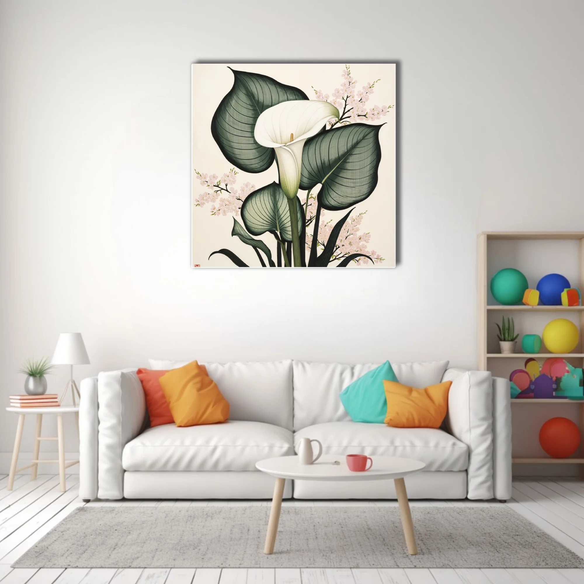 Japanese ink-style calla lily and cherry blossom botanical, sage green and blush