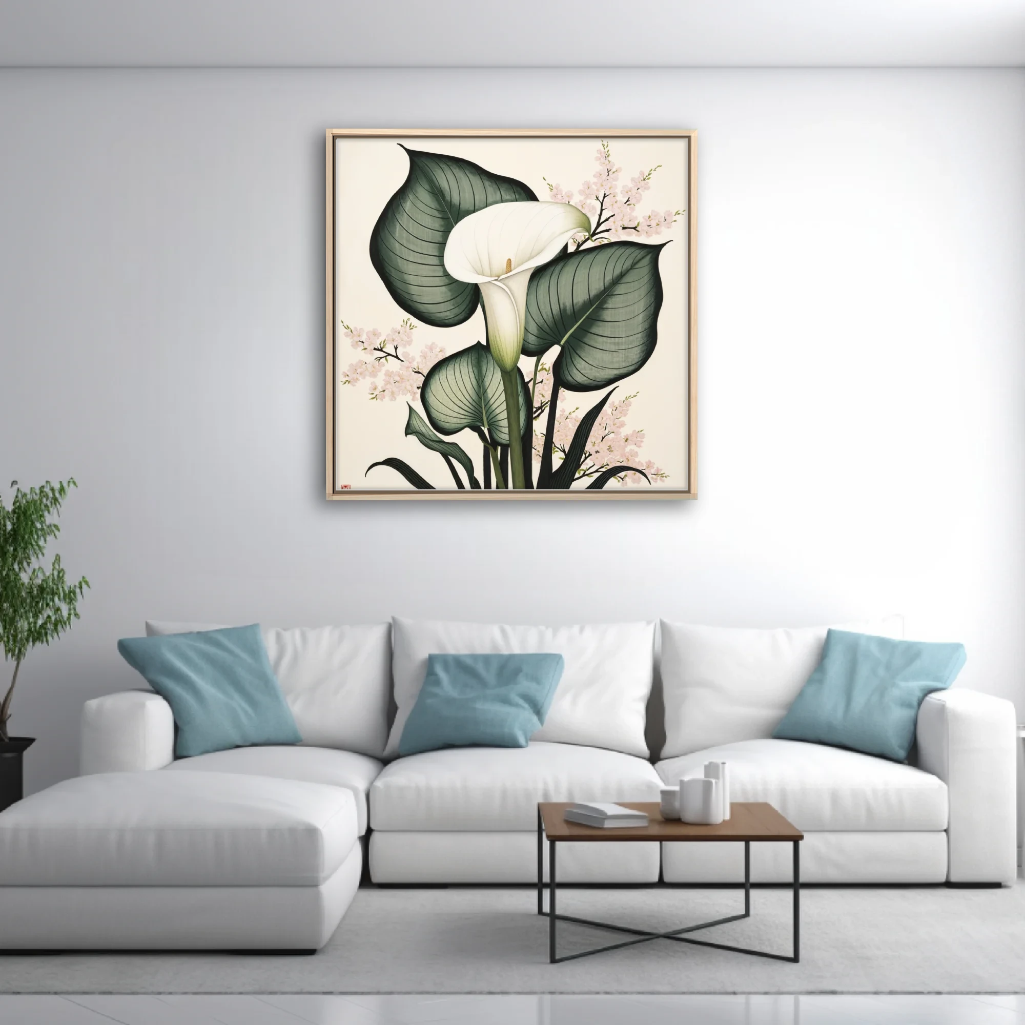 Japanese ink-style calla lily and cherry blossom botanical, sage green and blush