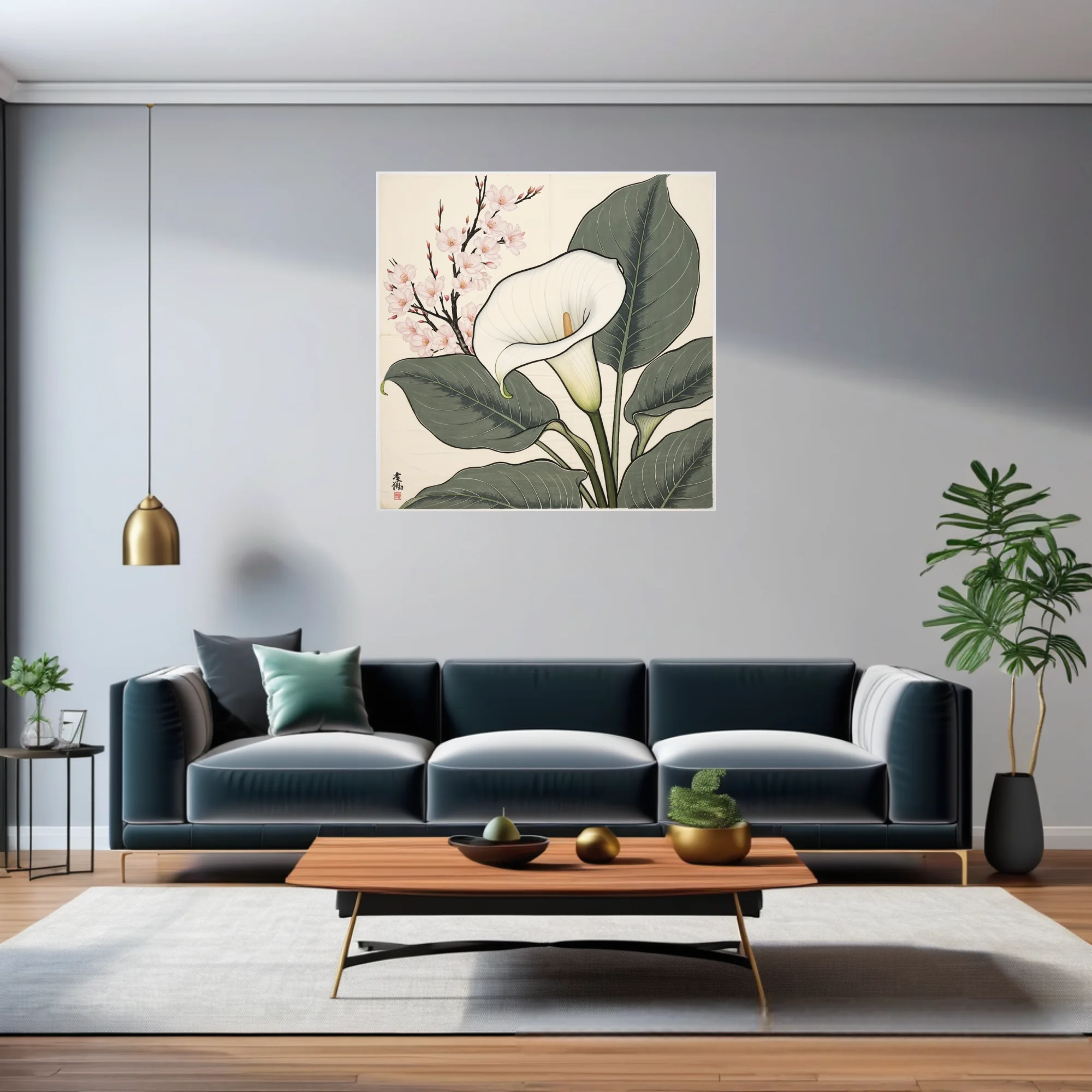 Japanese woodblock-style calla lily and cherry blossom botanical print, sage and ivory