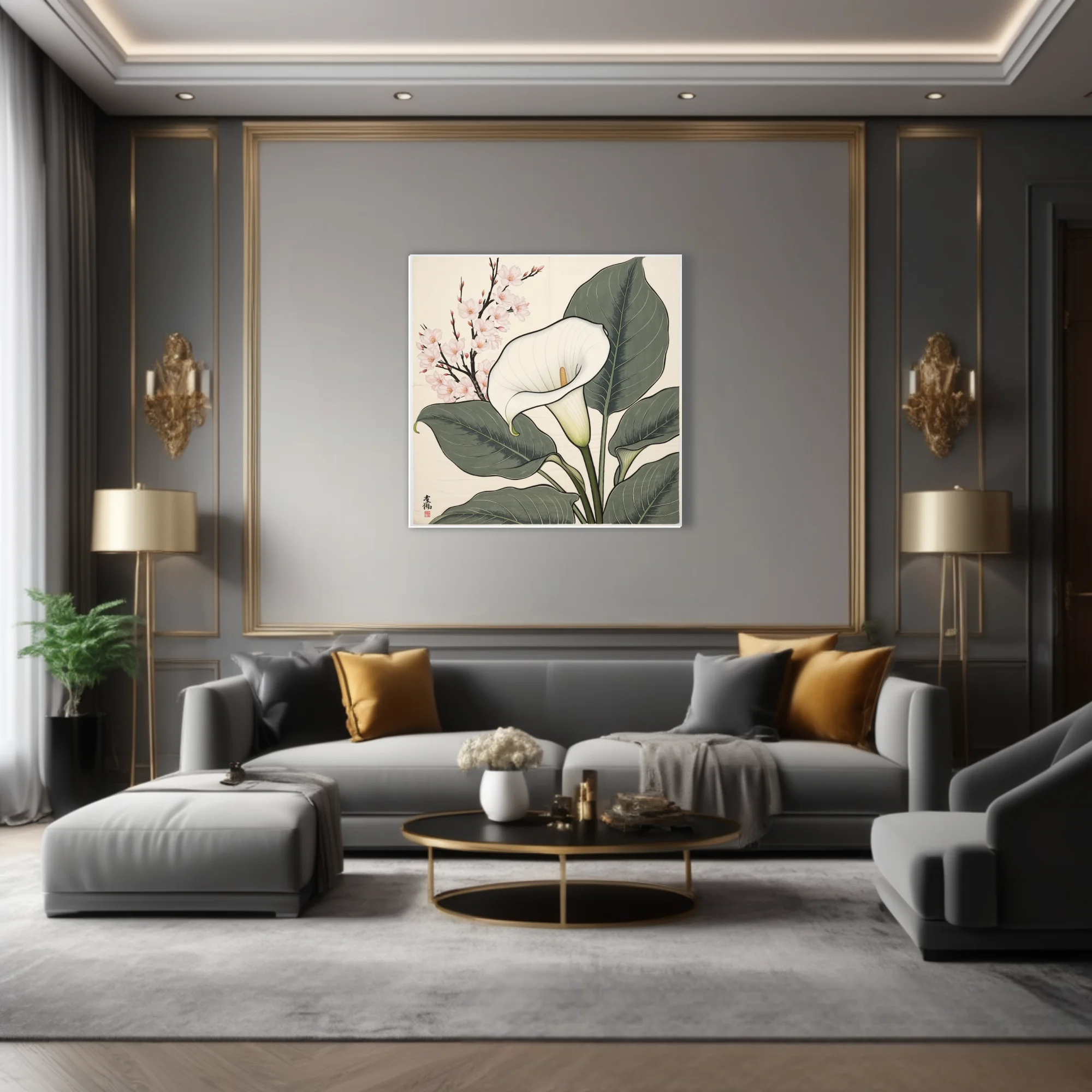 Japanese woodblock-style calla lily and cherry blossom botanical print, sage and ivory