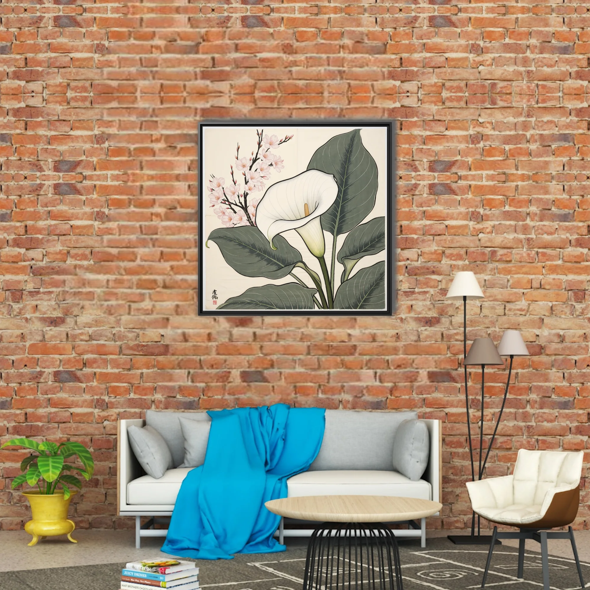 Japanese woodblock-style calla lily and cherry blossom botanical print, sage and ivory
