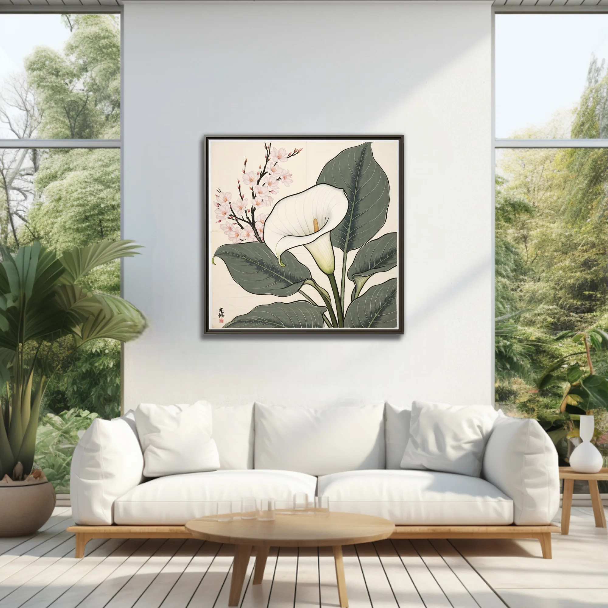 Japanese woodblock-style calla lily and cherry blossom botanical print, sage and ivory