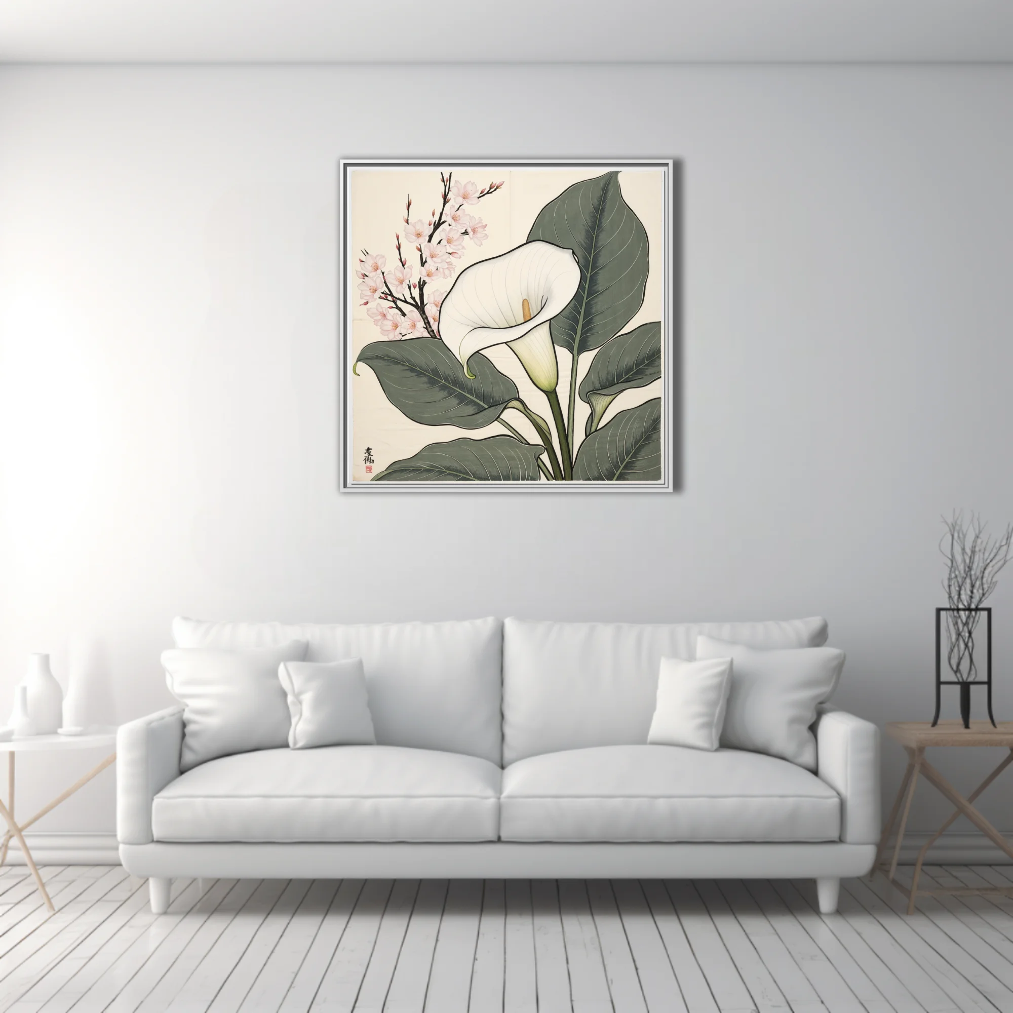 Japanese woodblock-style calla lily and cherry blossom botanical print, sage and ivory