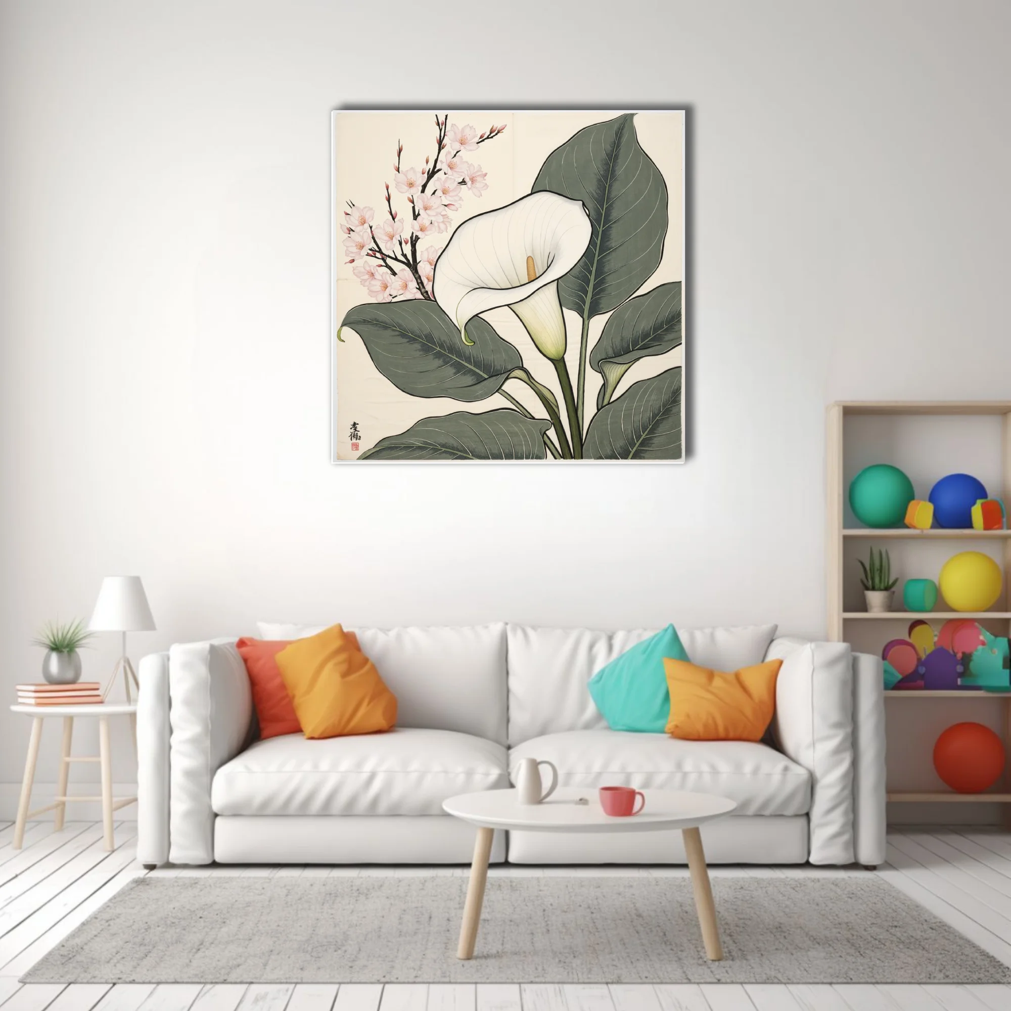 Japanese woodblock-style calla lily and cherry blossom botanical print, sage and ivory