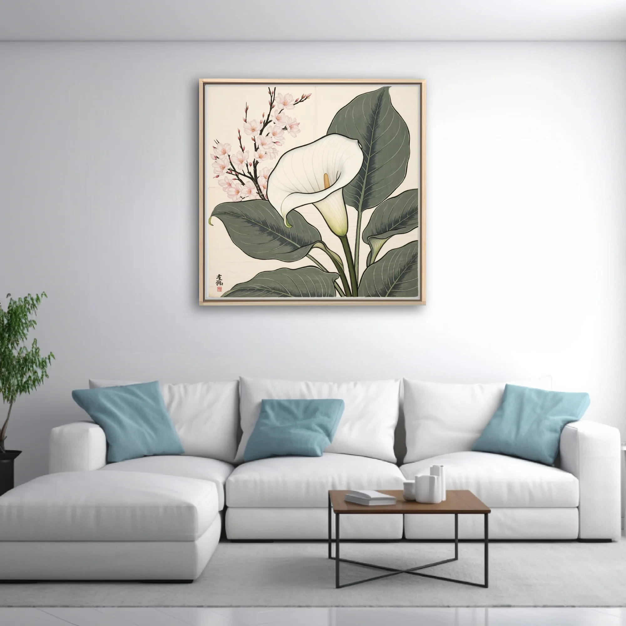Japanese woodblock-style calla lily and cherry blossom botanical print, sage and ivory